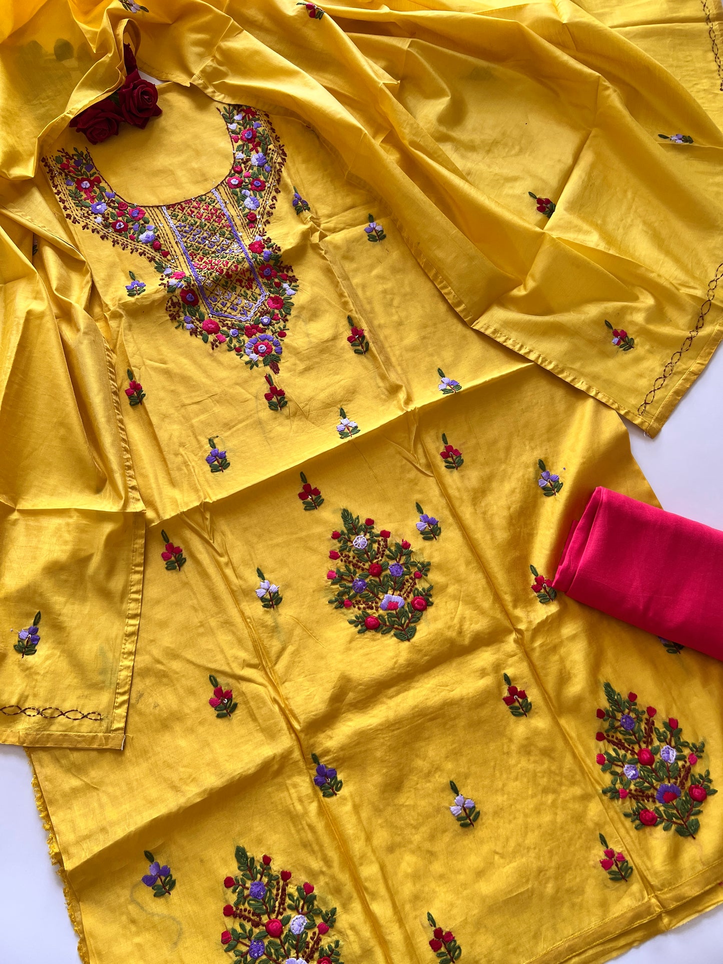 Yellow knot embroidery Unstitched suit material