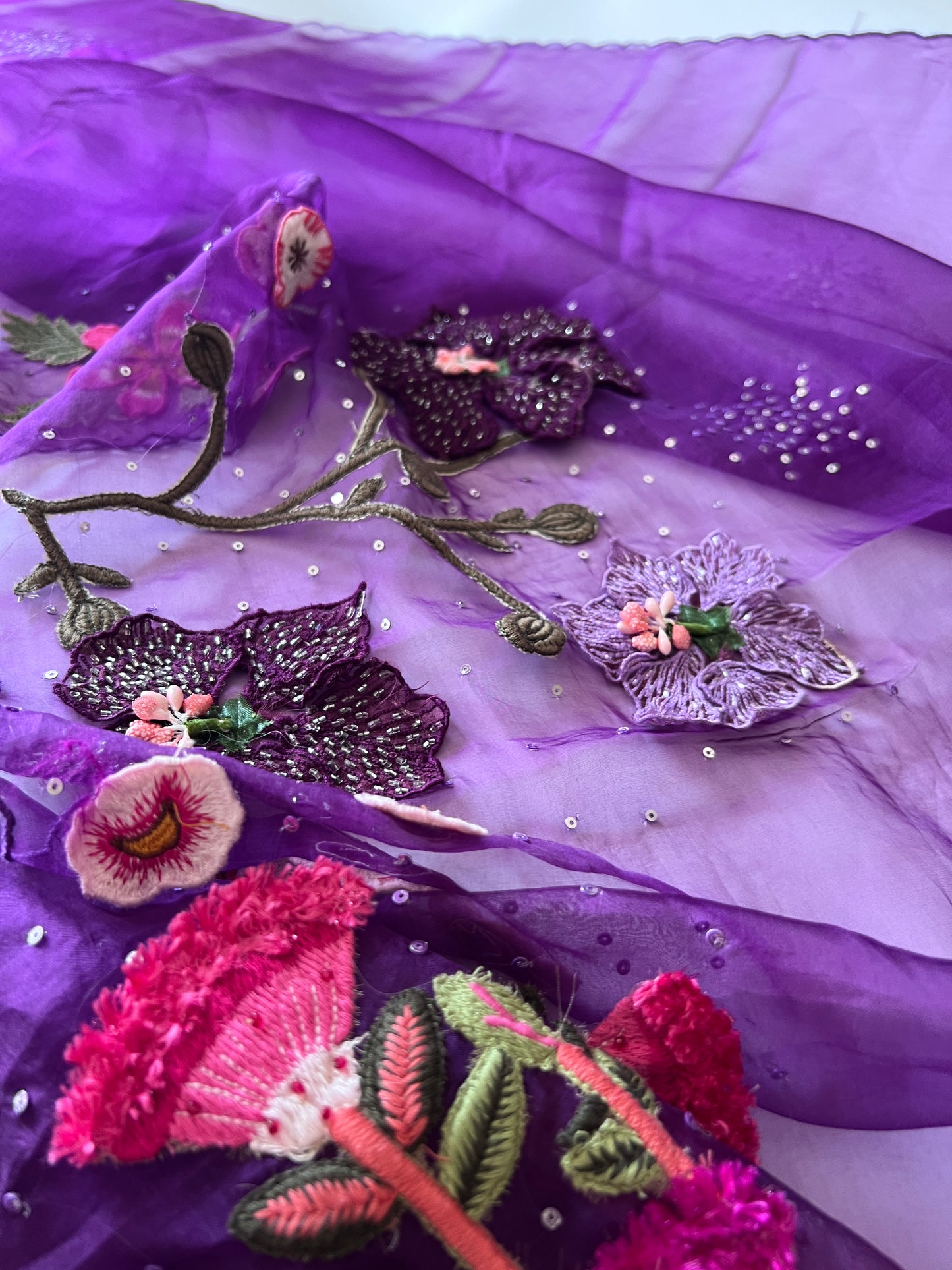 Fairy tale Embroidery on Organza premium unstitched dress material with 3D floral work
