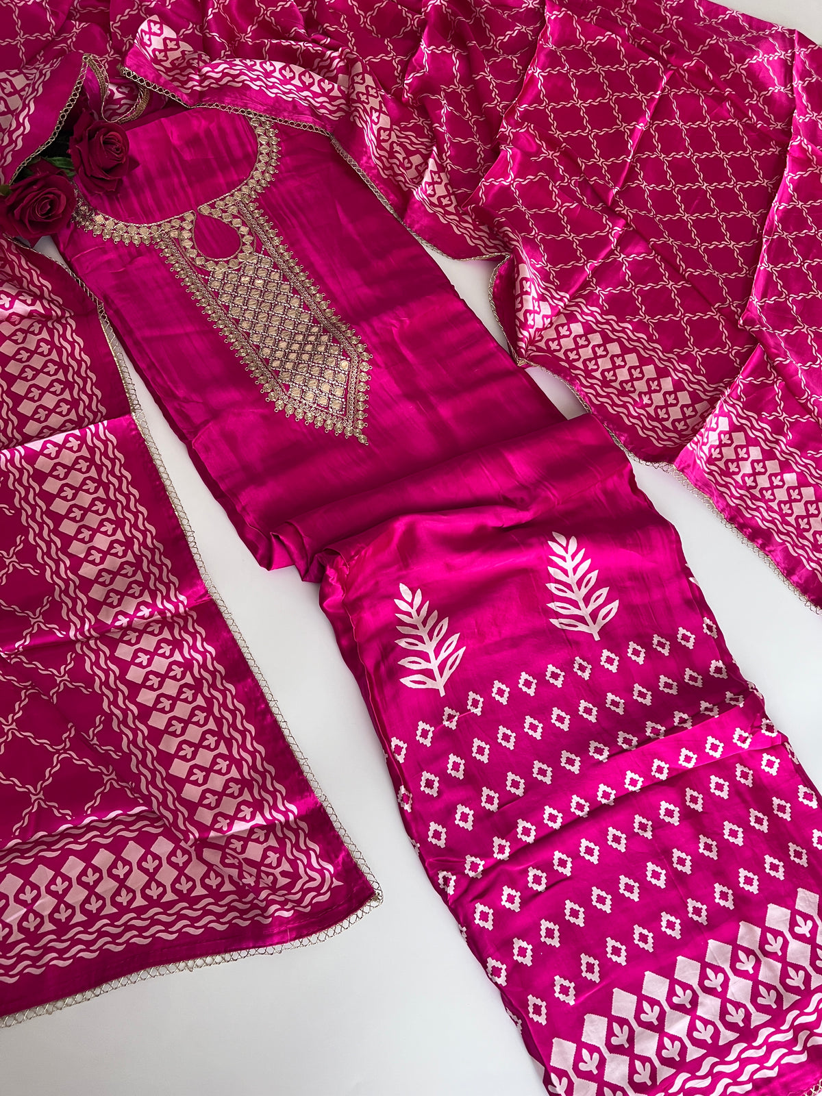 Pink Gajji Silk With gotta work neck Unstitched suit