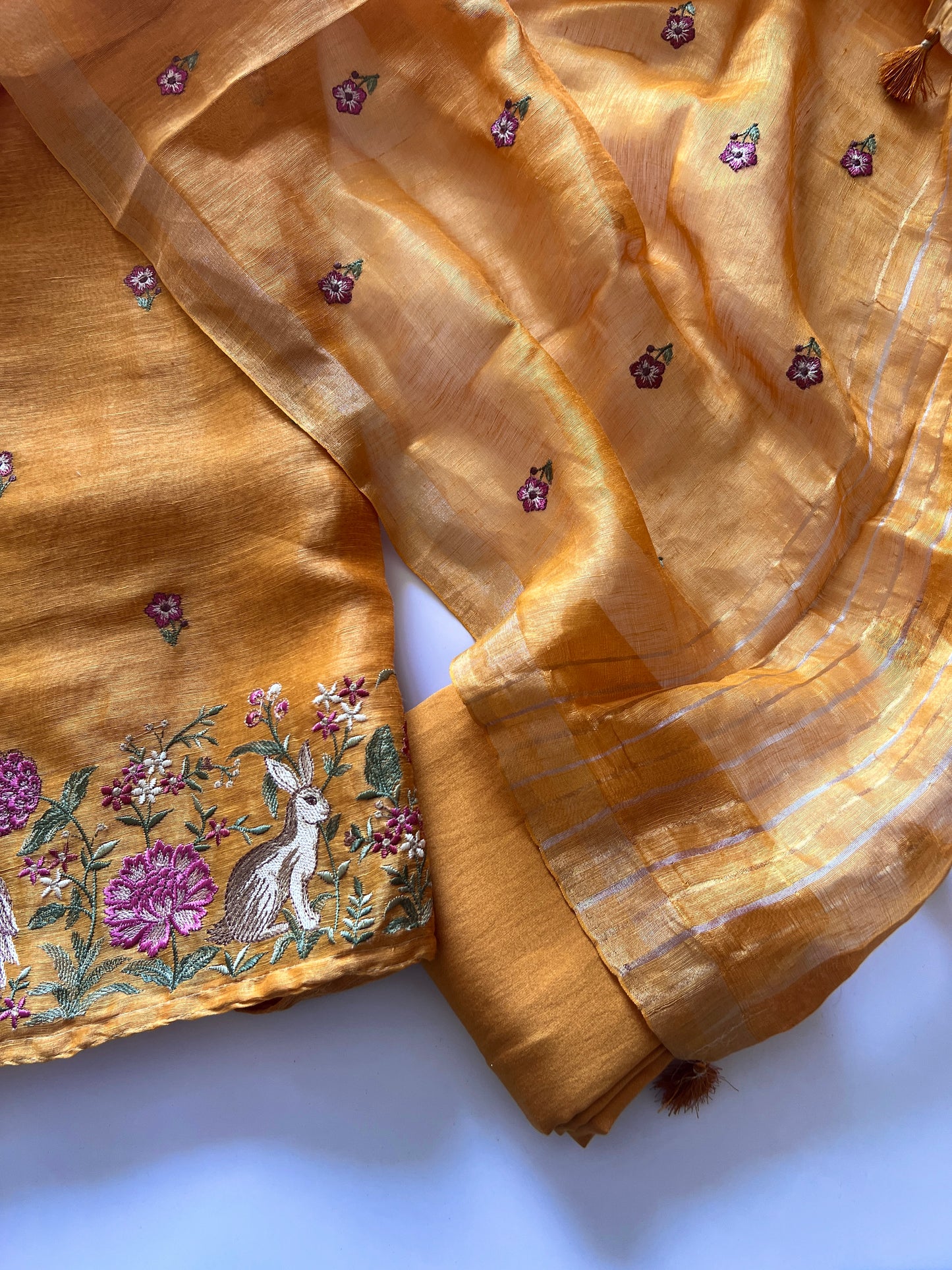 Yellow Pure Silk Linen embroidered premium unstitched dress material