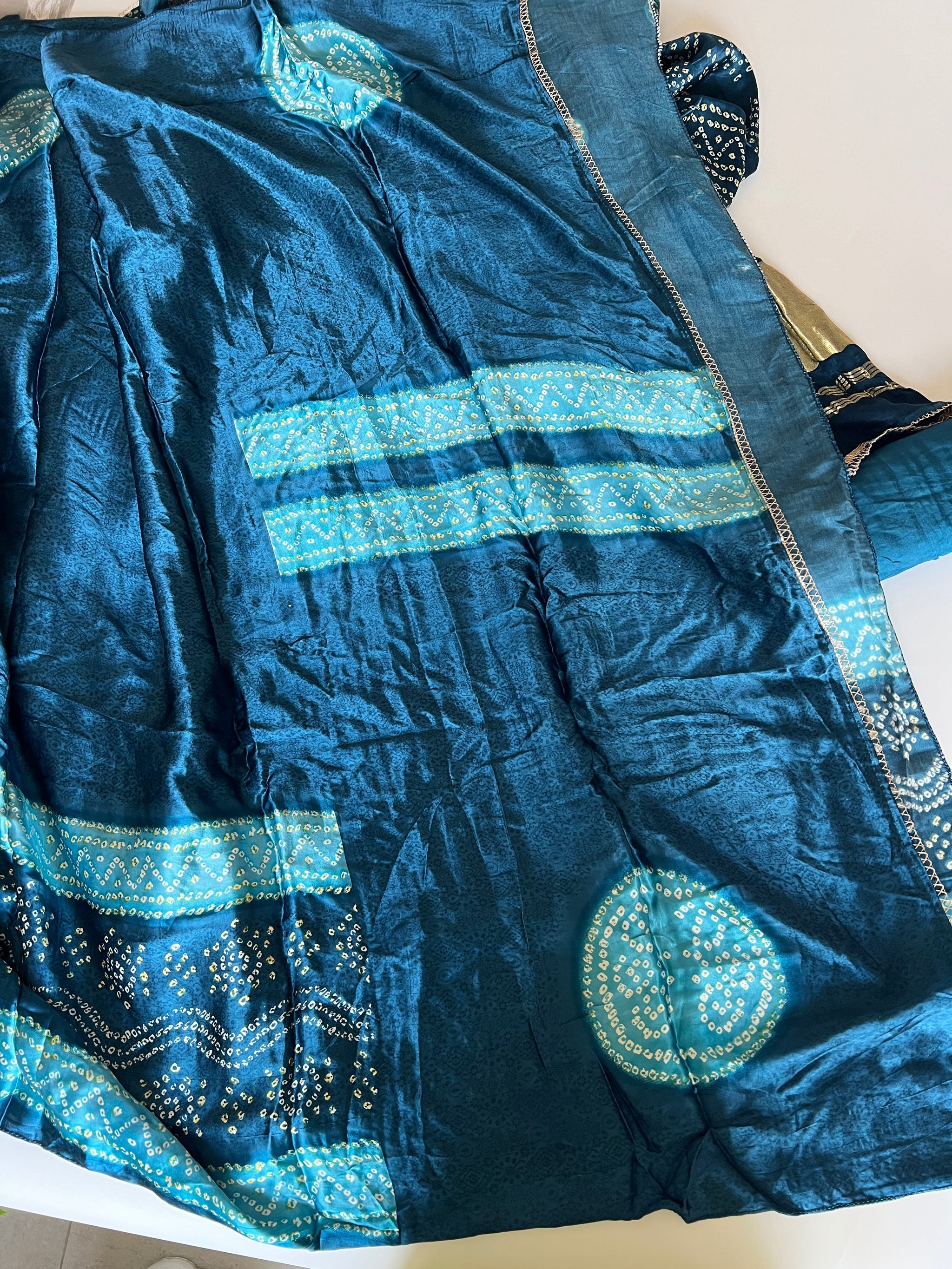 Blue Gajji Silk With gotta work neck Unstitched suit