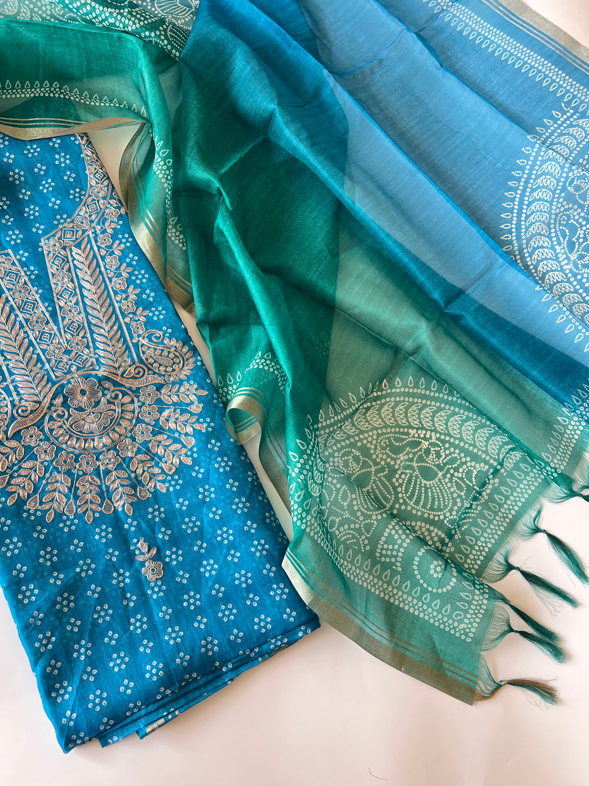 Blue soft Organza crepe with Pitta work and bandej