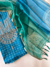 Blue soft Organza crepe with Pitta work and bandej