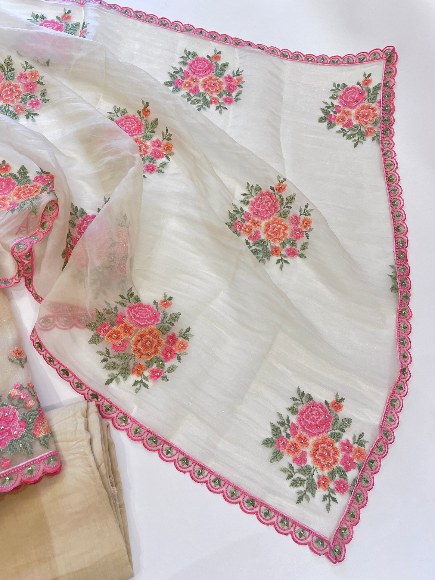 Light Gold Glass tissue with floral cross stitch embroidery dress material