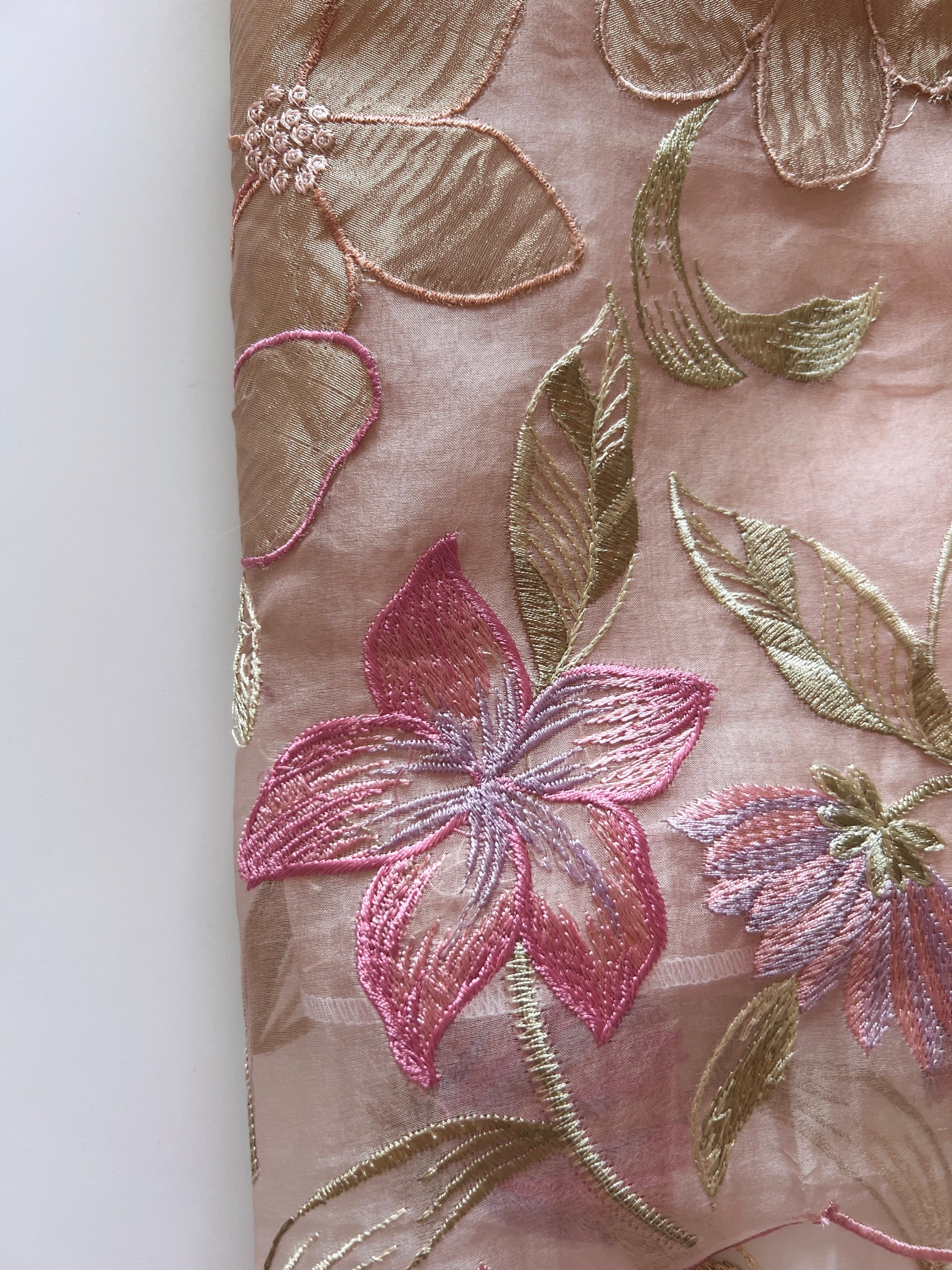 Floral Embroidery on Pure Silk Organza premium unstitched dress material in Pastel Peach