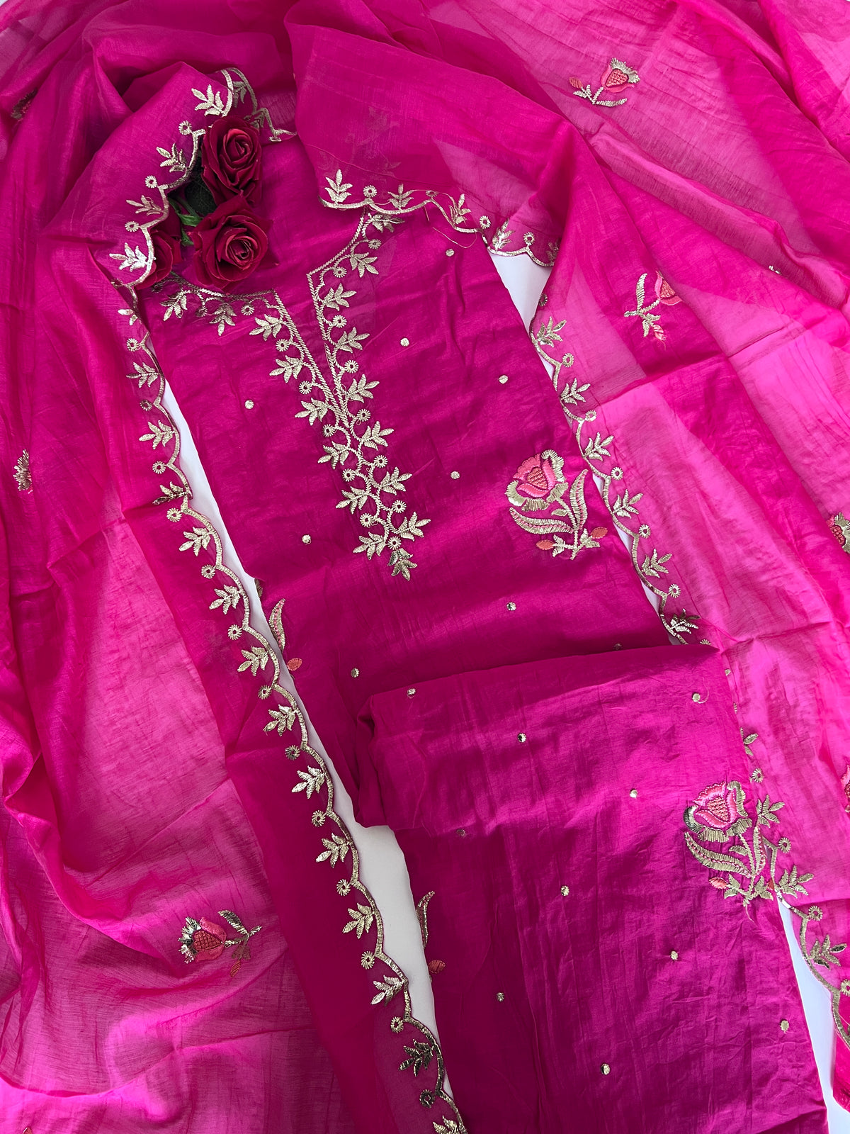 Pink Pitta with thread work on Mul Chanderi dress material - Unstitched Suit set