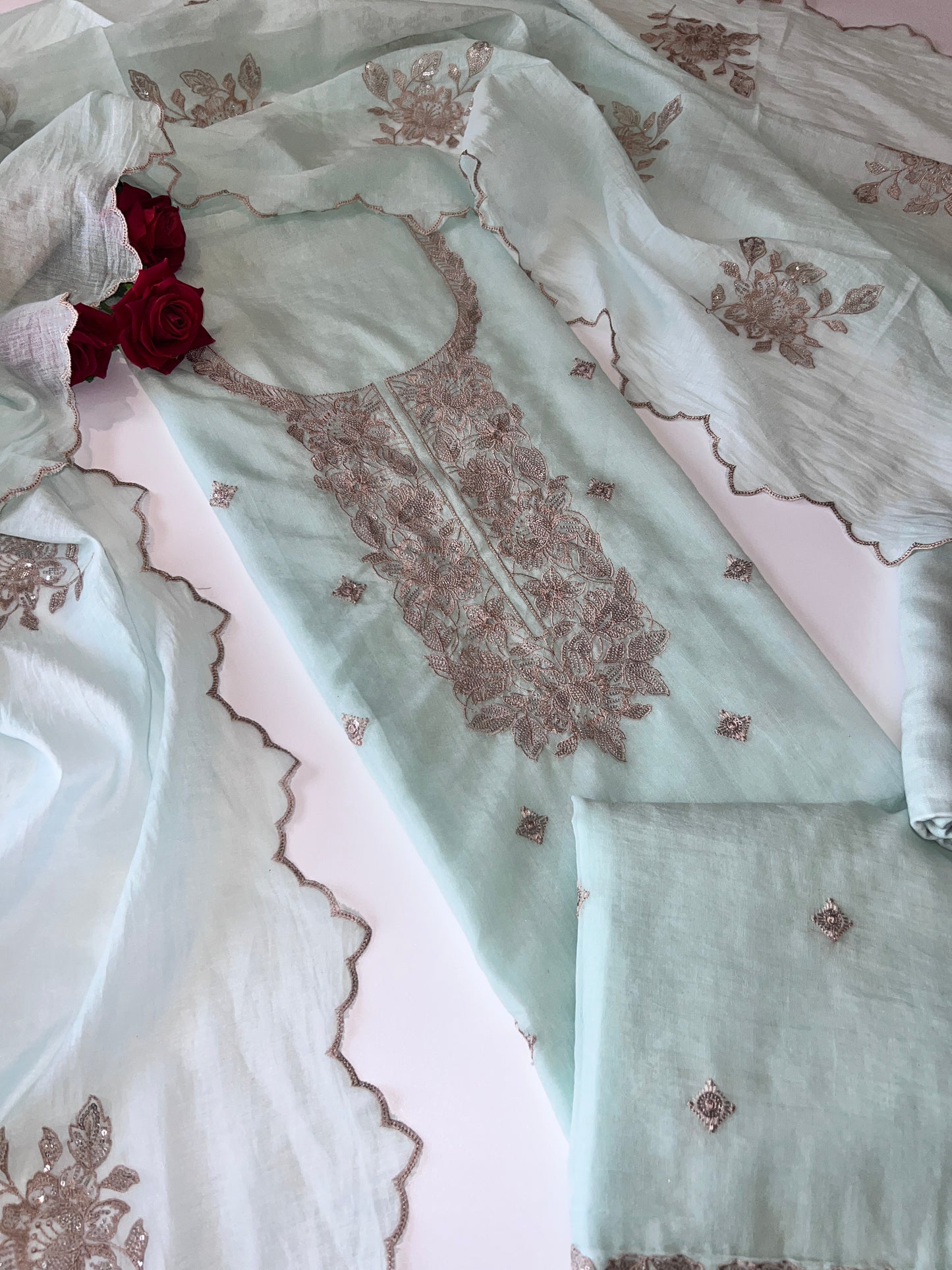 Pastel Blue Mul Chanderi Sequin embroidered Unstitched Suit