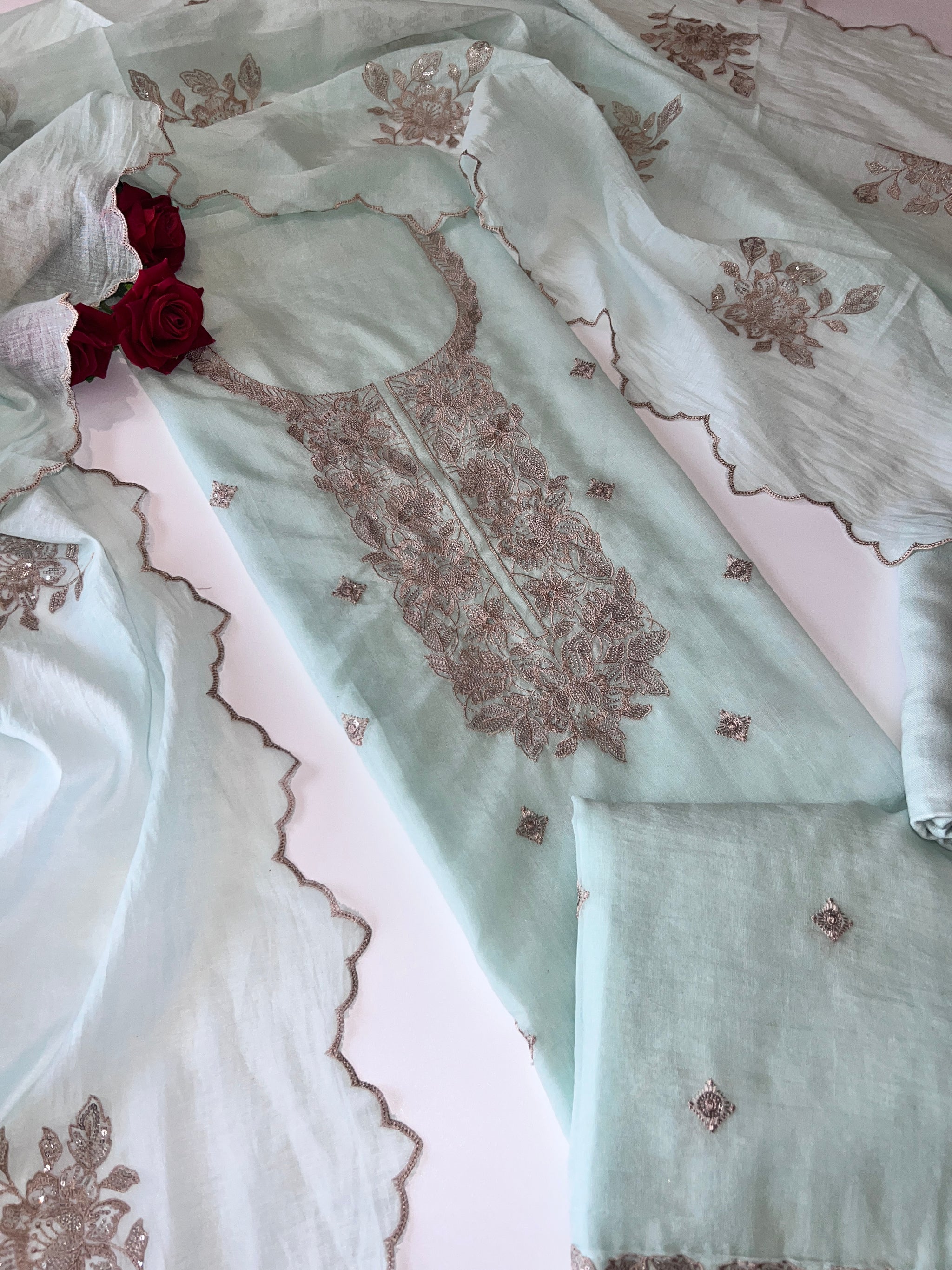 Pastel Blue Mul Chanderi Sequin embroidered Unstitched Suit