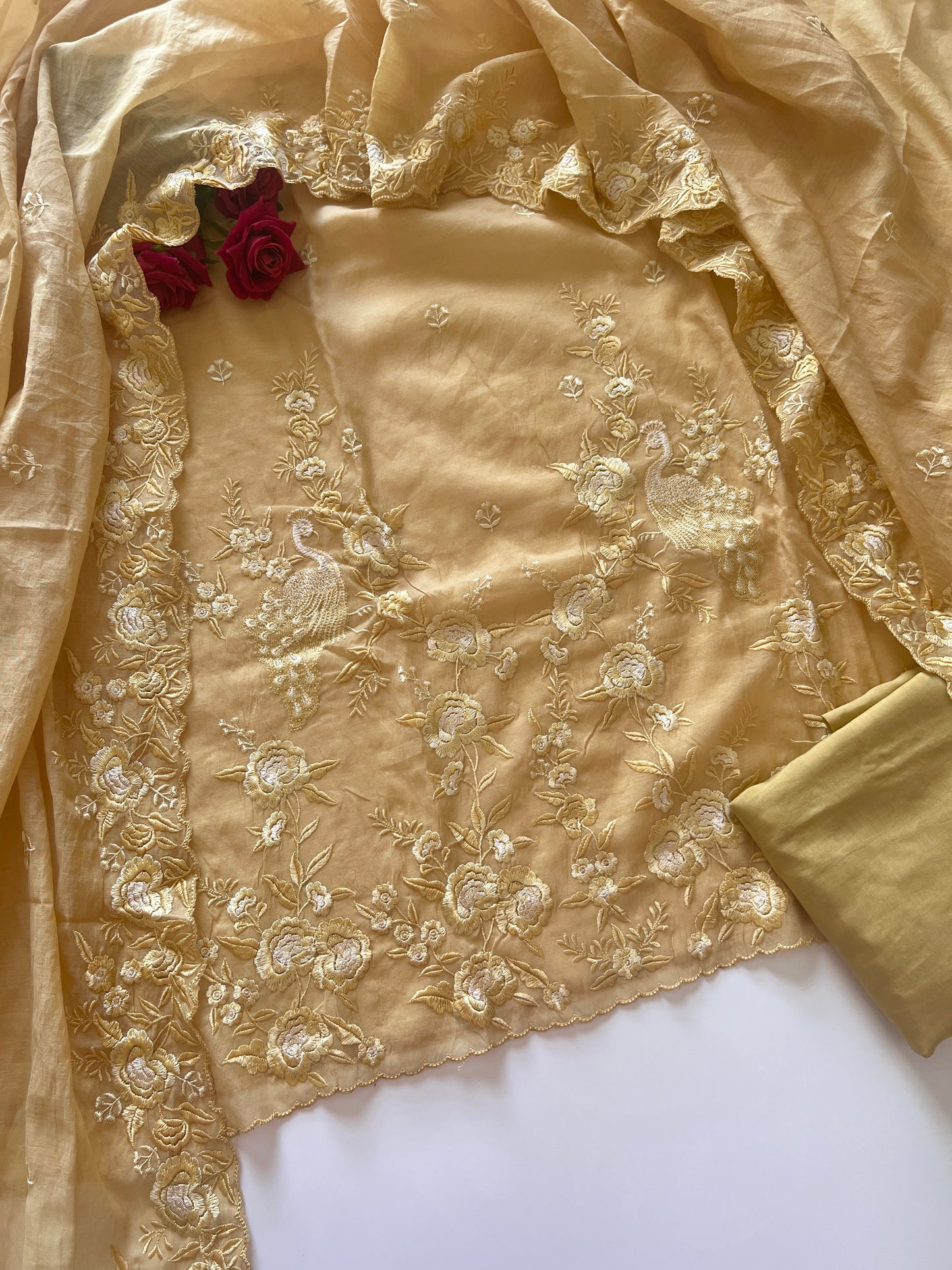 Yellow Mul Chanderi Thread embroidered Unstitched Suit