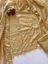 Yellow Mul Chanderi Thread embroidered Unstitched Suit
