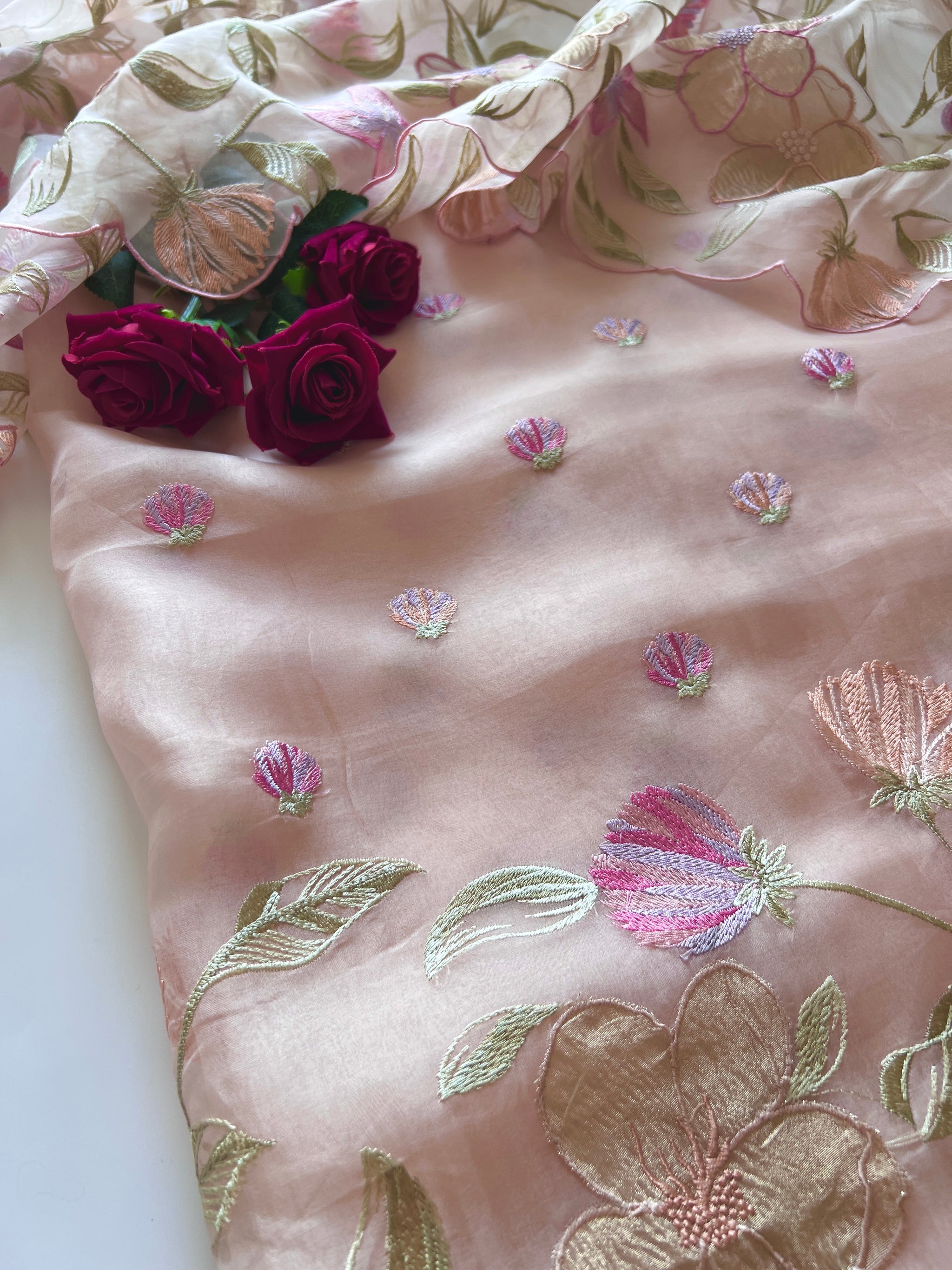 Floral Embroidery on Pure Silk Organza premium unstitched dress material in Pastel Peach