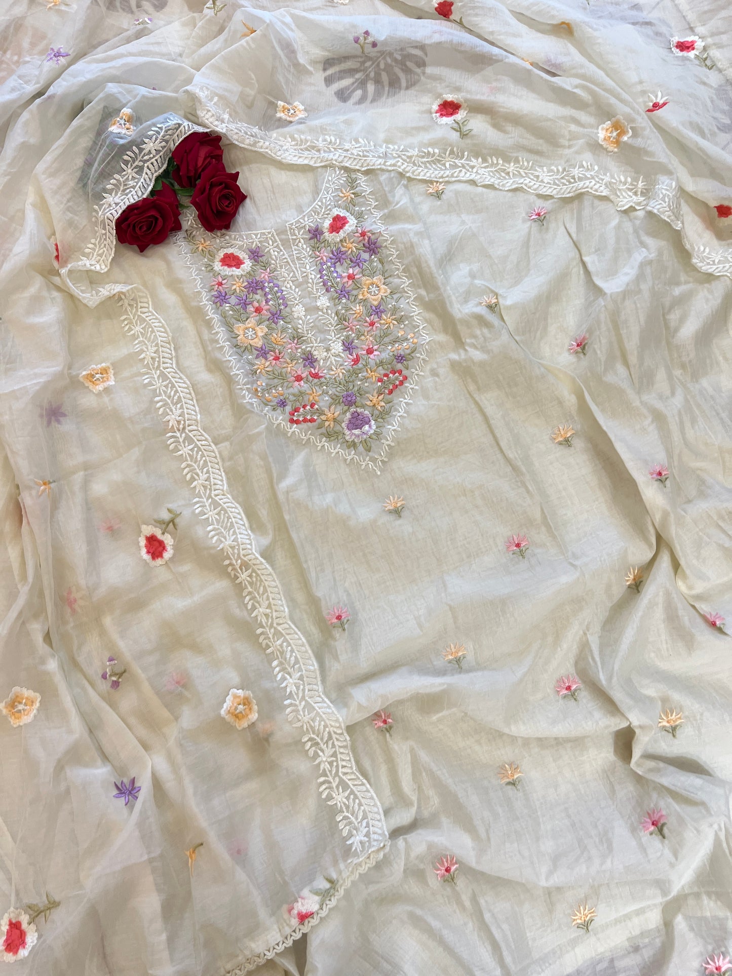 Mul Chanderi Thread embroidered Unstitched Suit