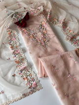 Peach thread Embroidery unstitched suit