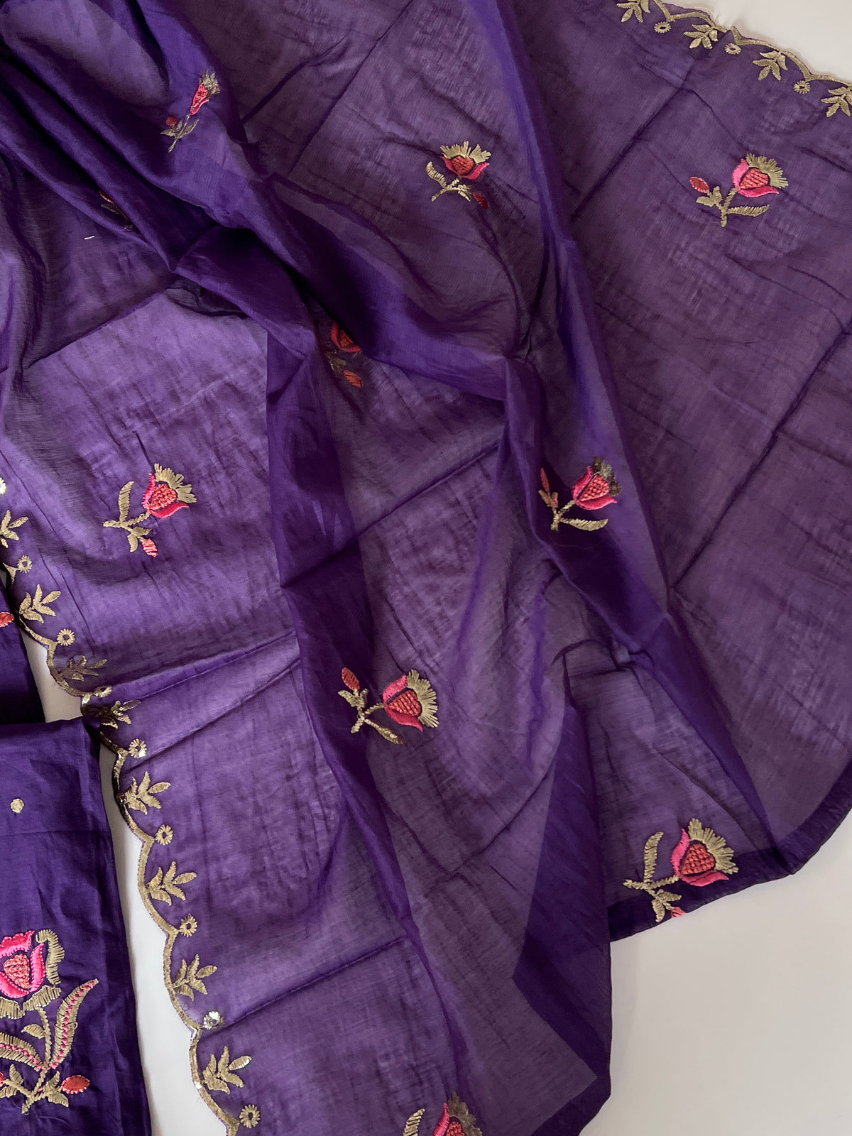 Purple Pitta with thread work on Mul Chanderi dress material - Unstitched Suit set