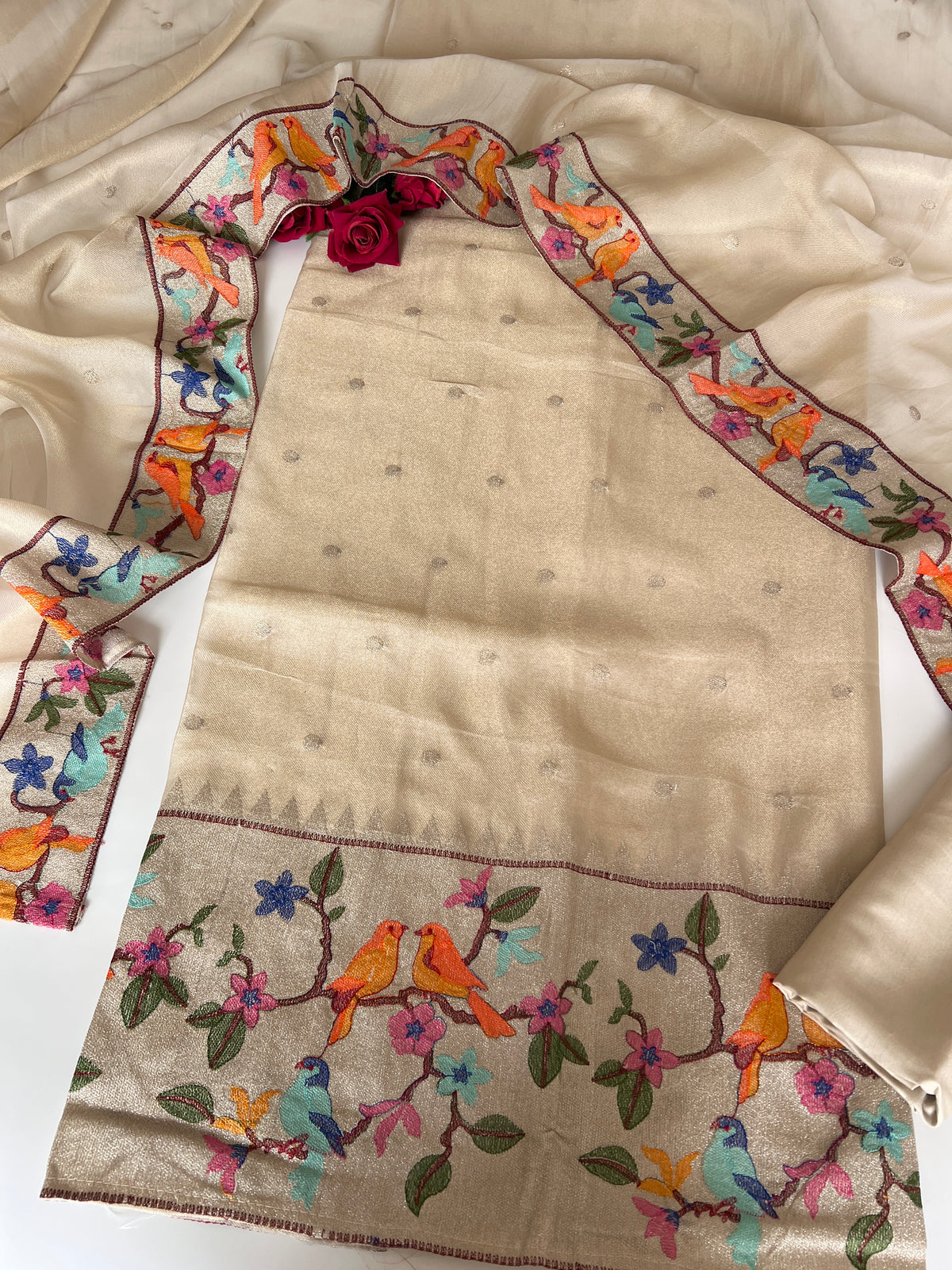 Bird embroidery tissue silk Unstitched suit