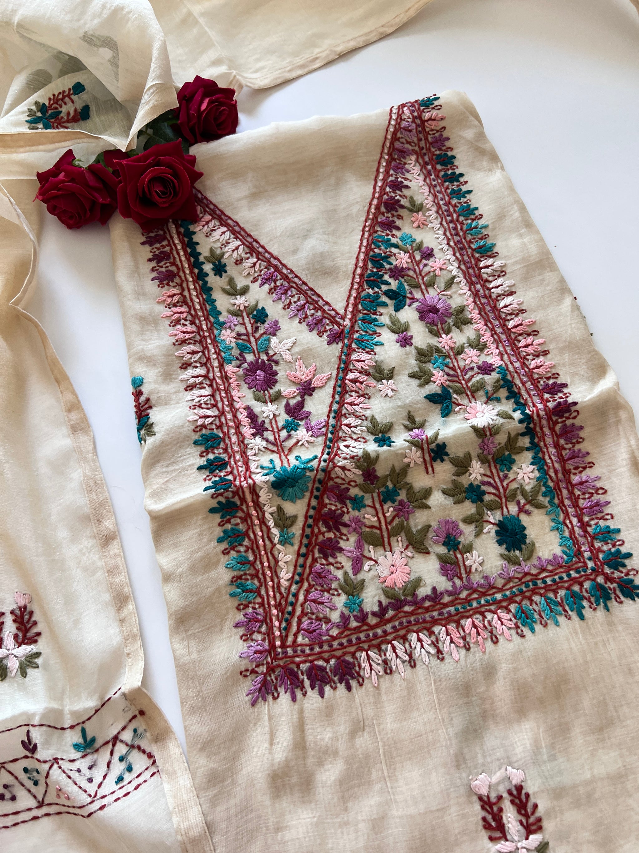 2 pc Cream Knot embroidery Unstitched suit material