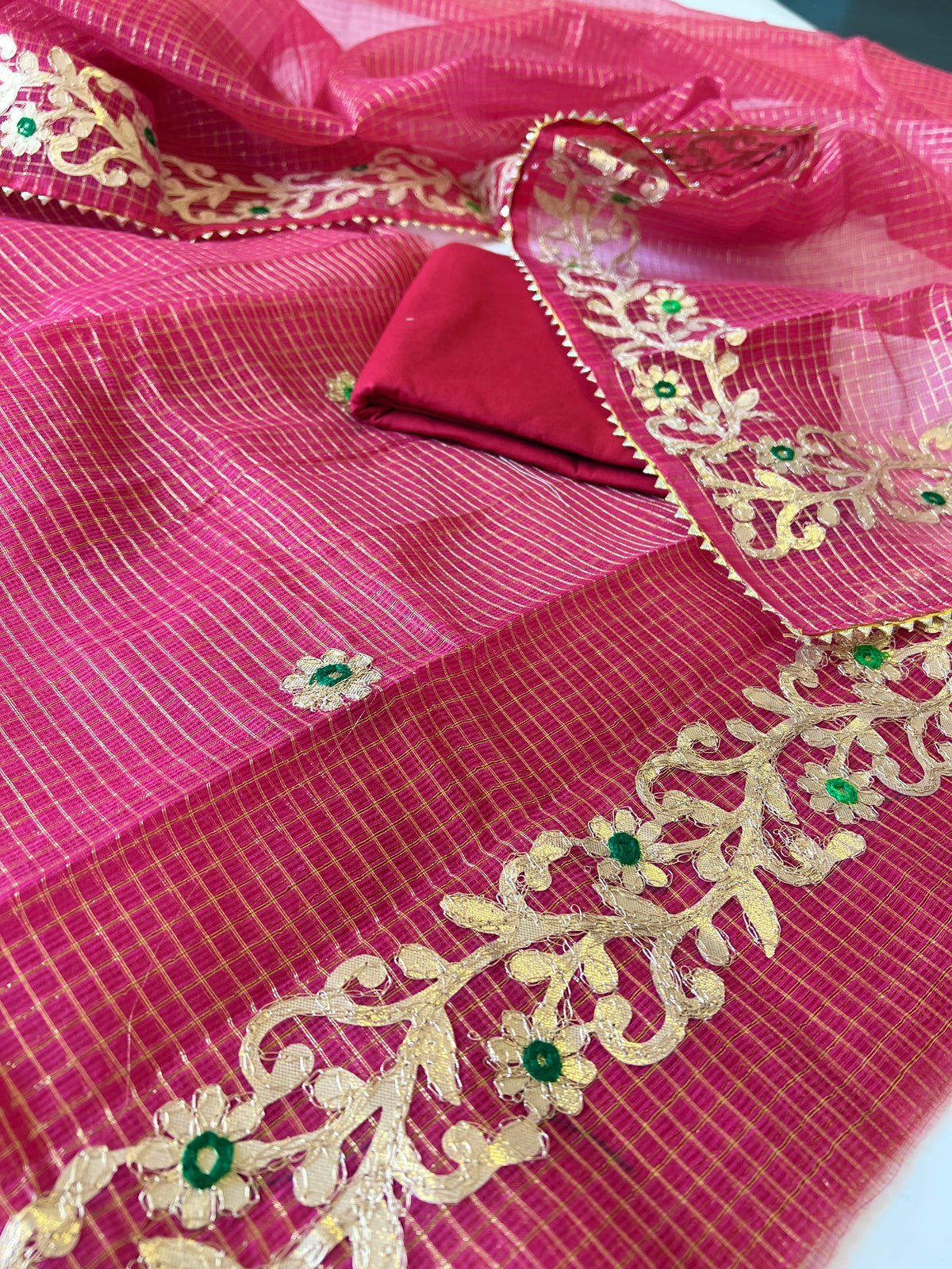 Red Kotta with kotta embroidered kurta dupatta set Unstitched