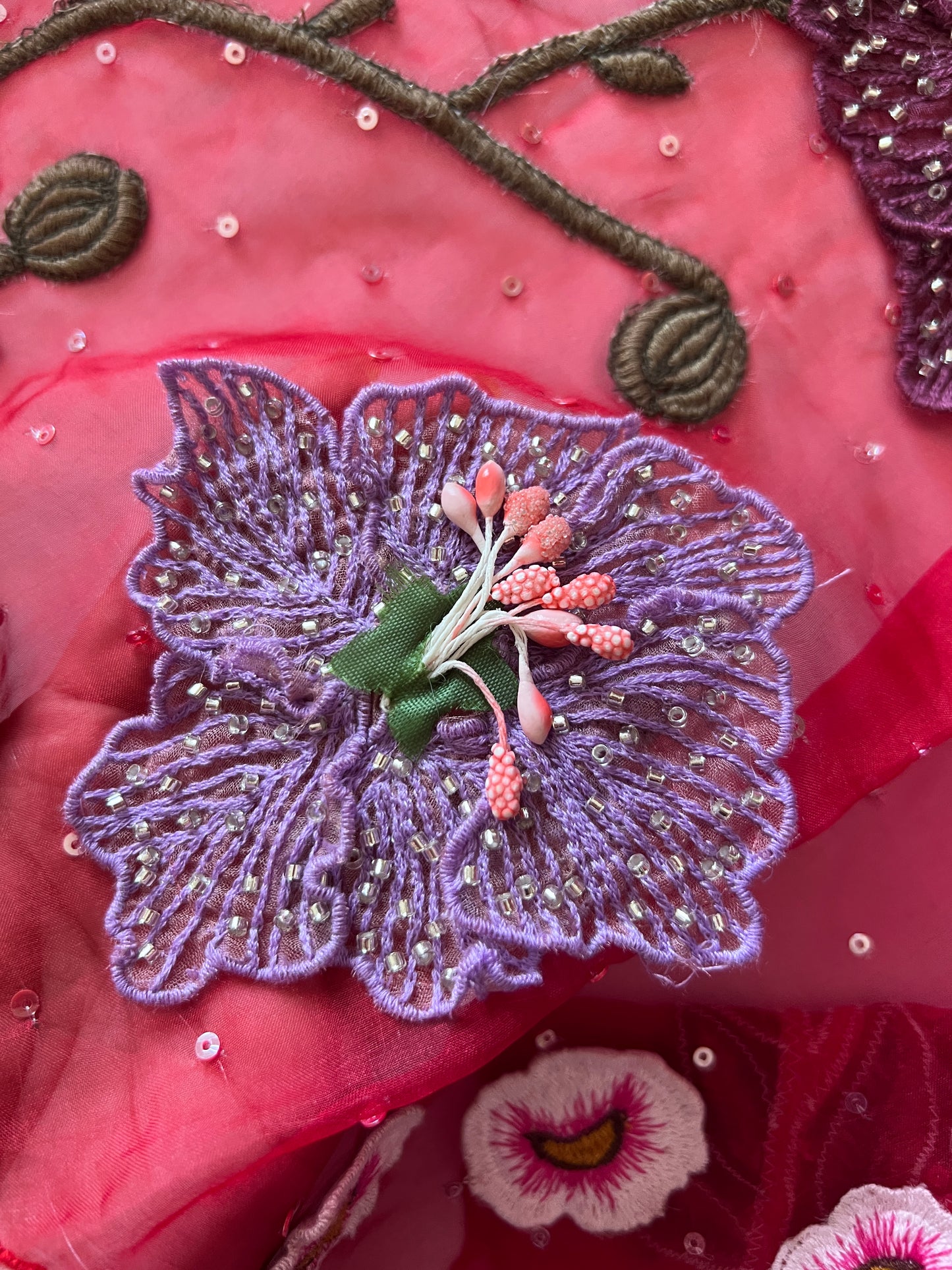 Red Fairy tale Embroidery on Organza premium unstitched dress material with 3D floral work