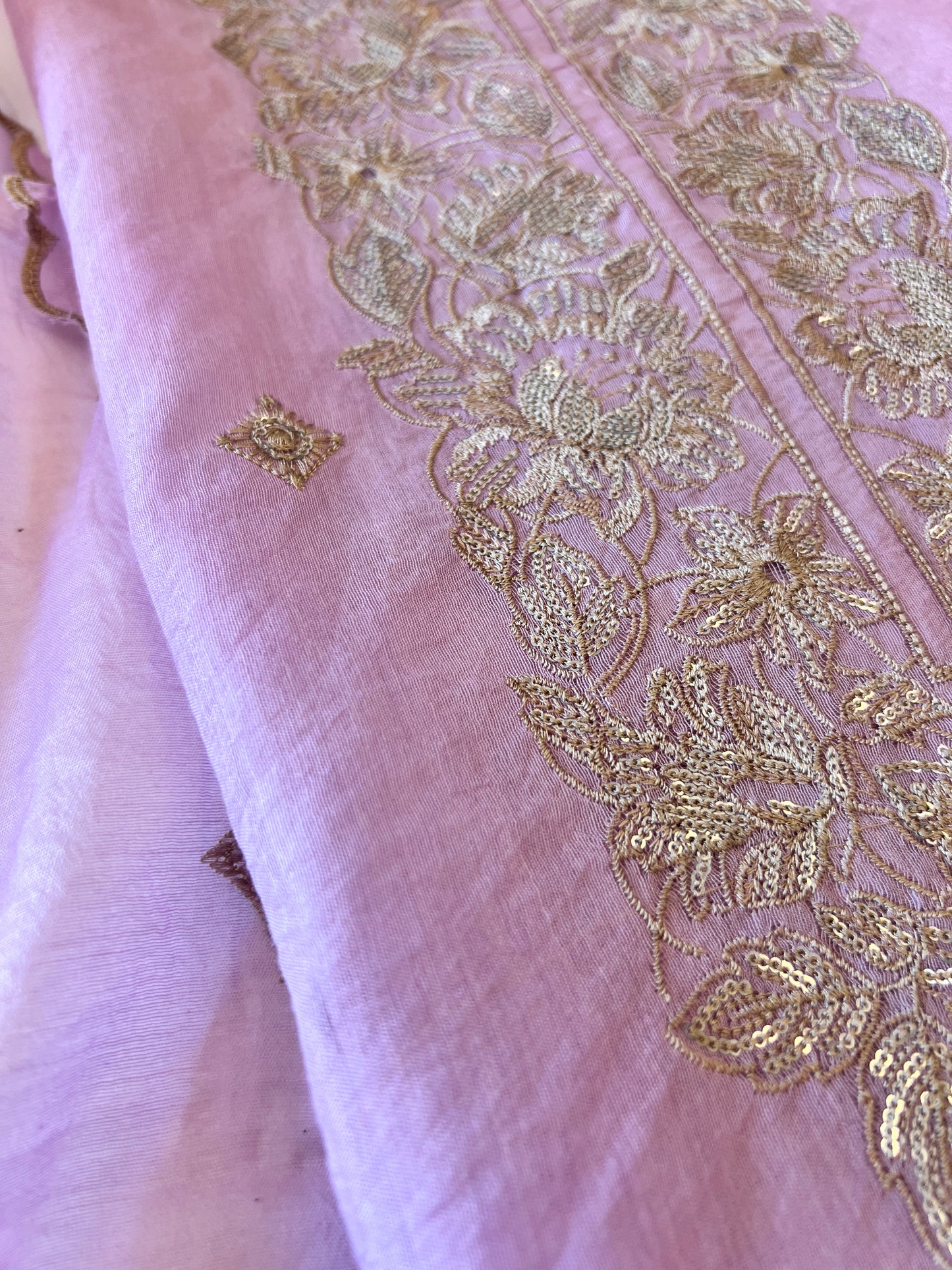 Pastel Purple Mul Chanderi Sequin embroidered Unstitched Suit