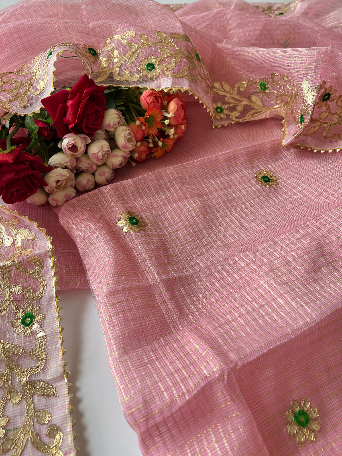 Pink Kotta with gotta embroidered kurta dupatta set Unstitched