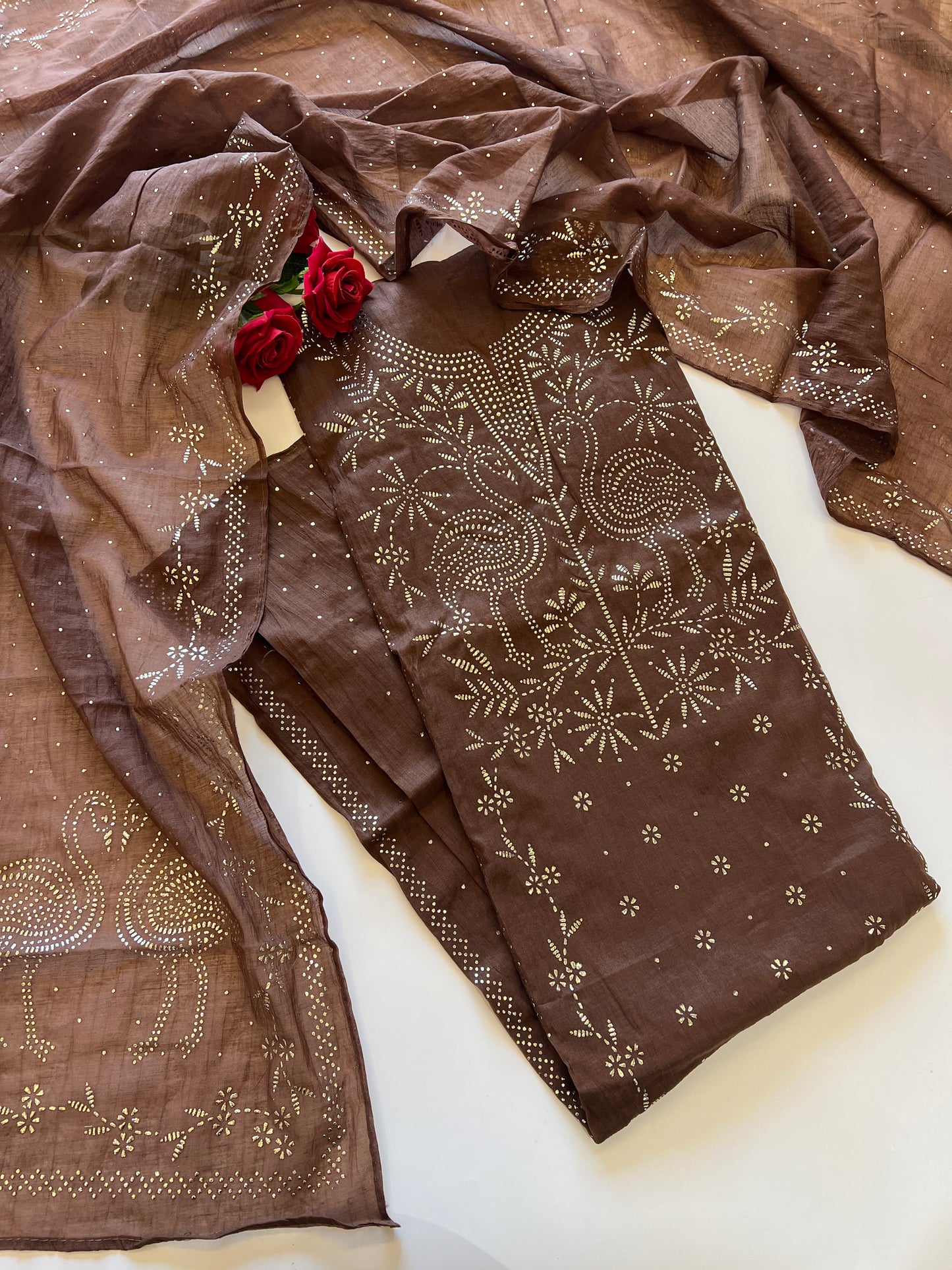 Brown Mul Chanderi dress material with mukaish -Flamingo