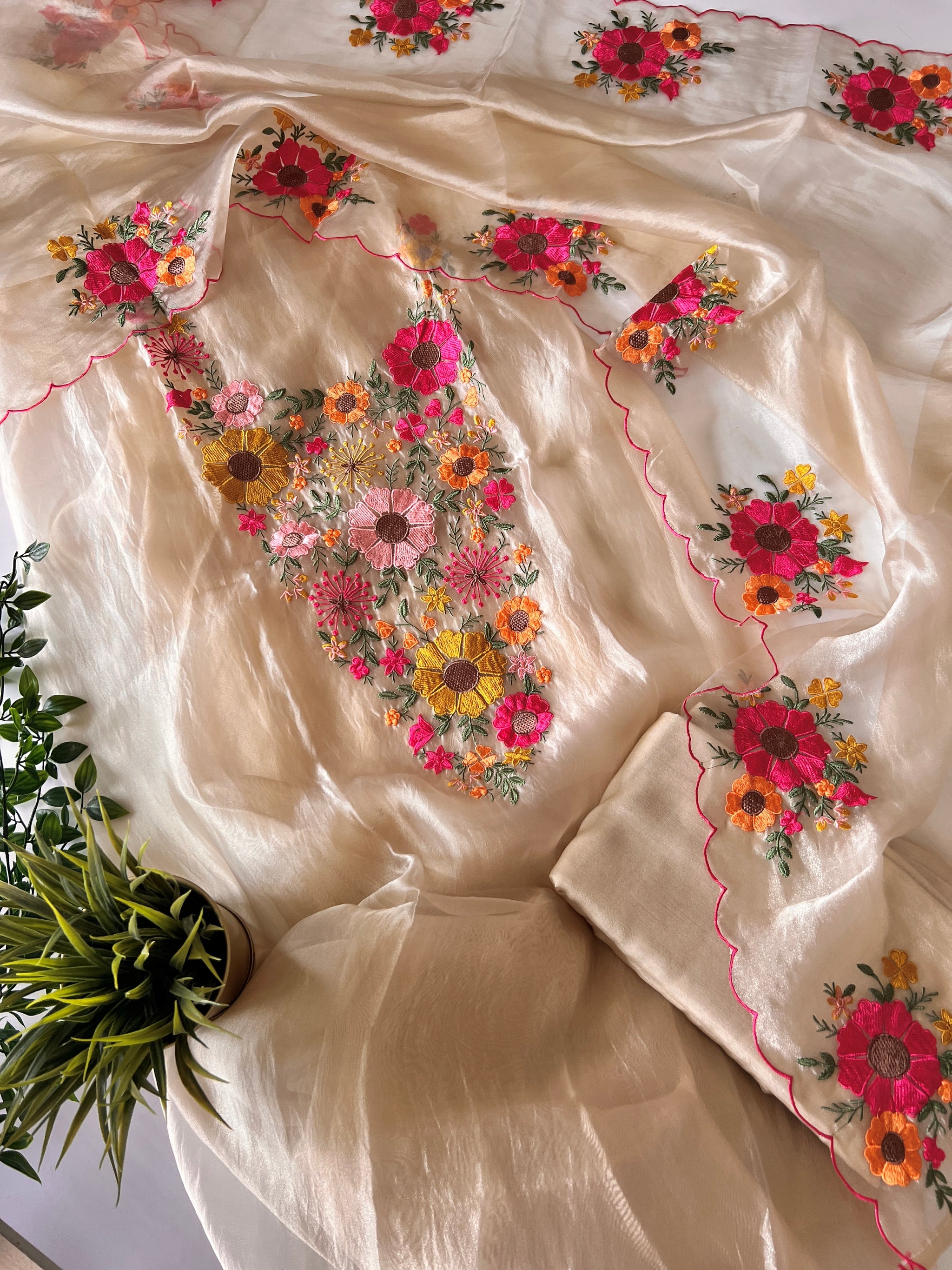 Sunflower Embroidery Crush Organza tissue Dress material
