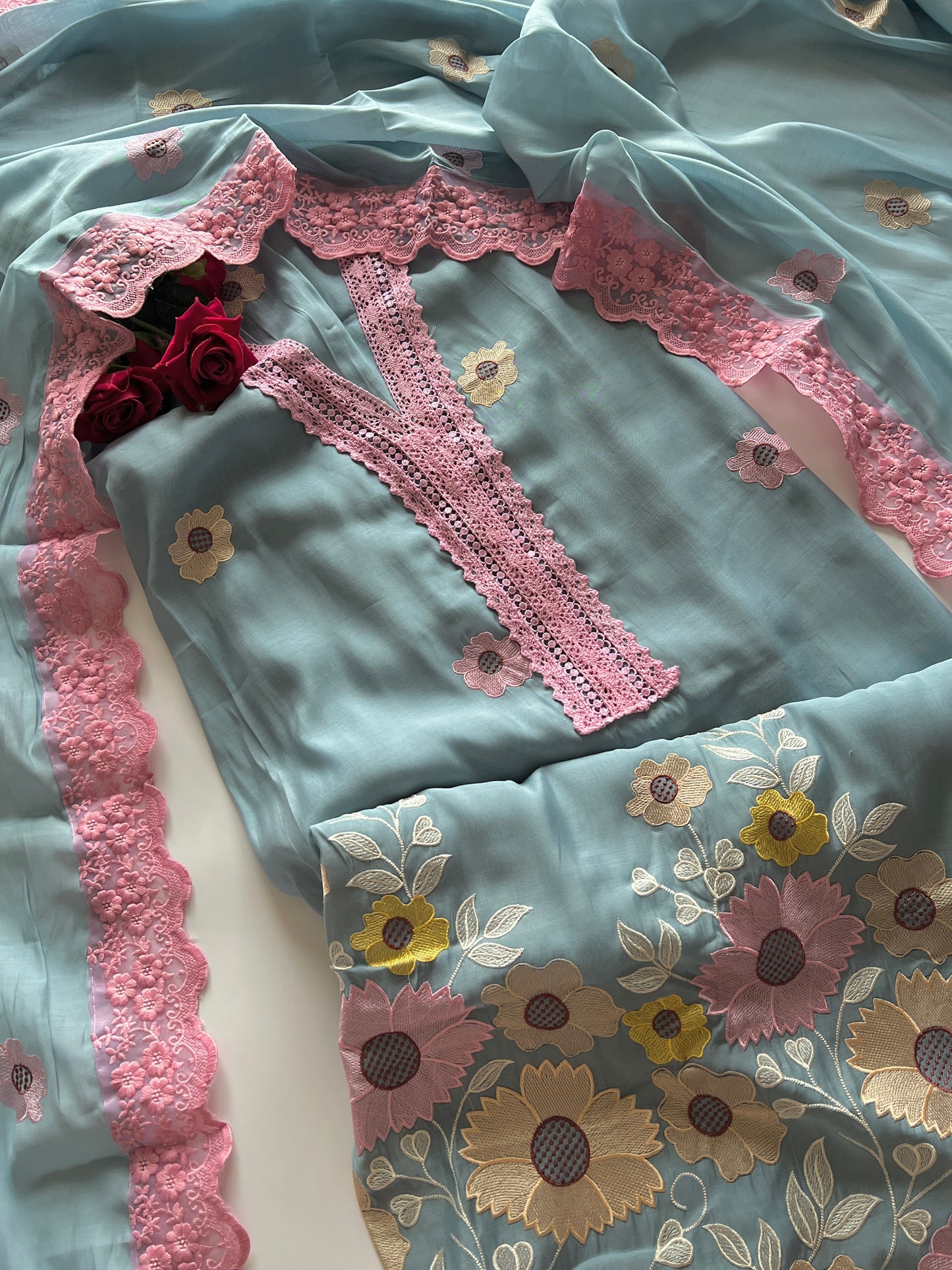 Blue Sunflower Embroidery Mul Masleen Dress material