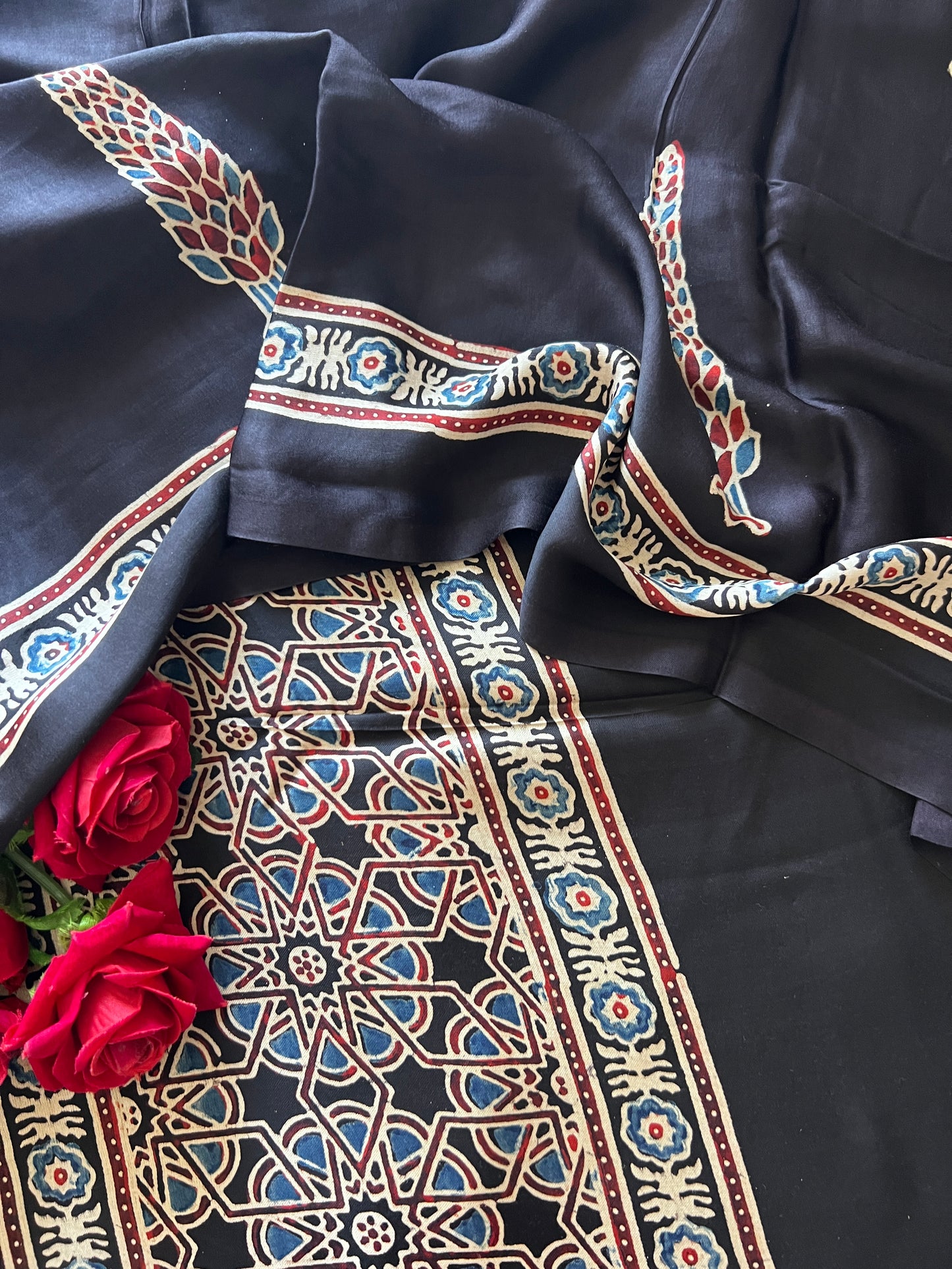 Black Original Handblock Ajrakh print on Modal fabric Unstitched suit set