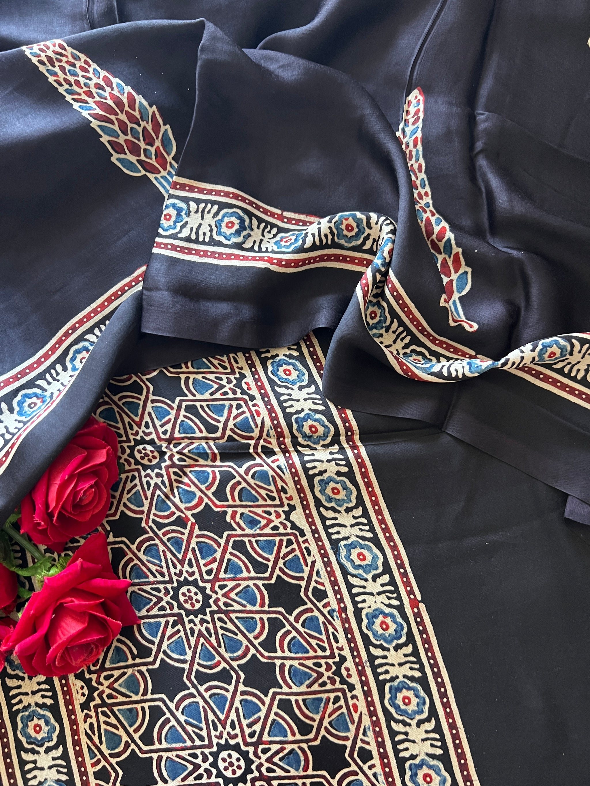 Black Original Handblock Ajrakh print on Modal fabric Unstitched suit set
