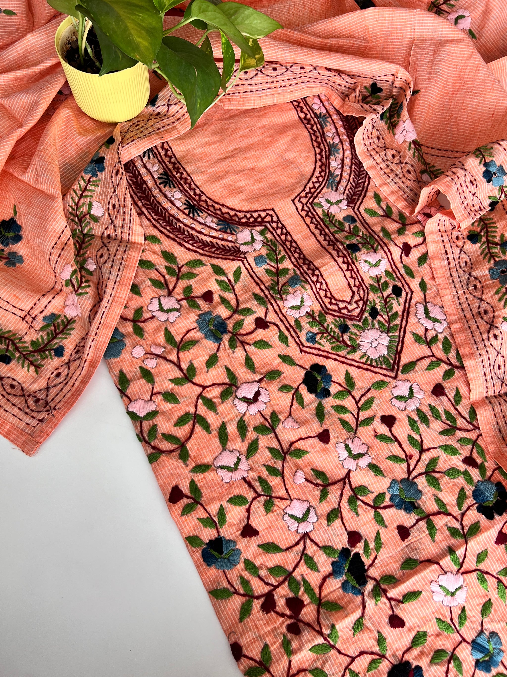 Peach Chanderi knot embroidery Unstitched suit material
