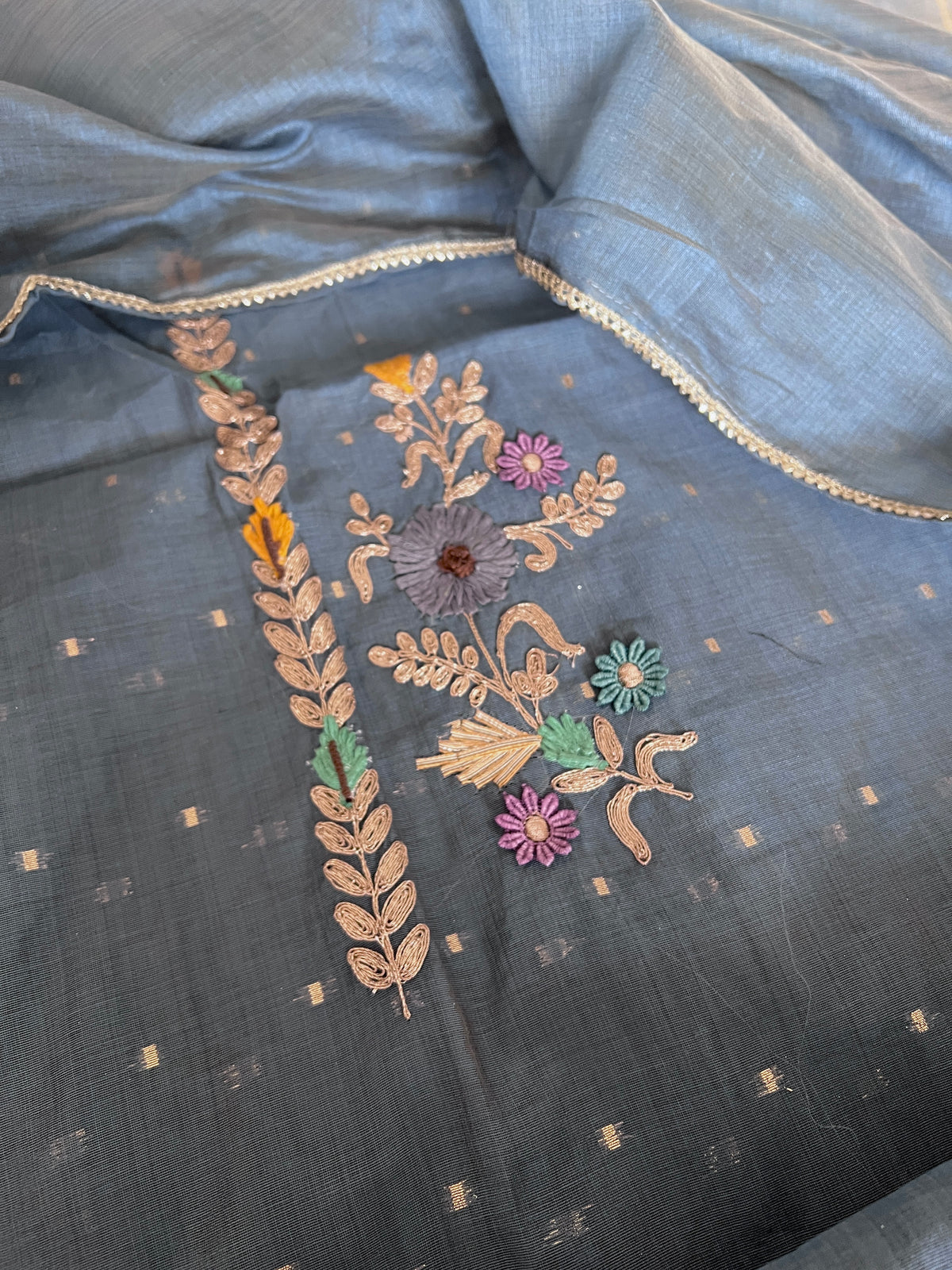 Blue Floral Embroidery tissue Jamdani Dress material