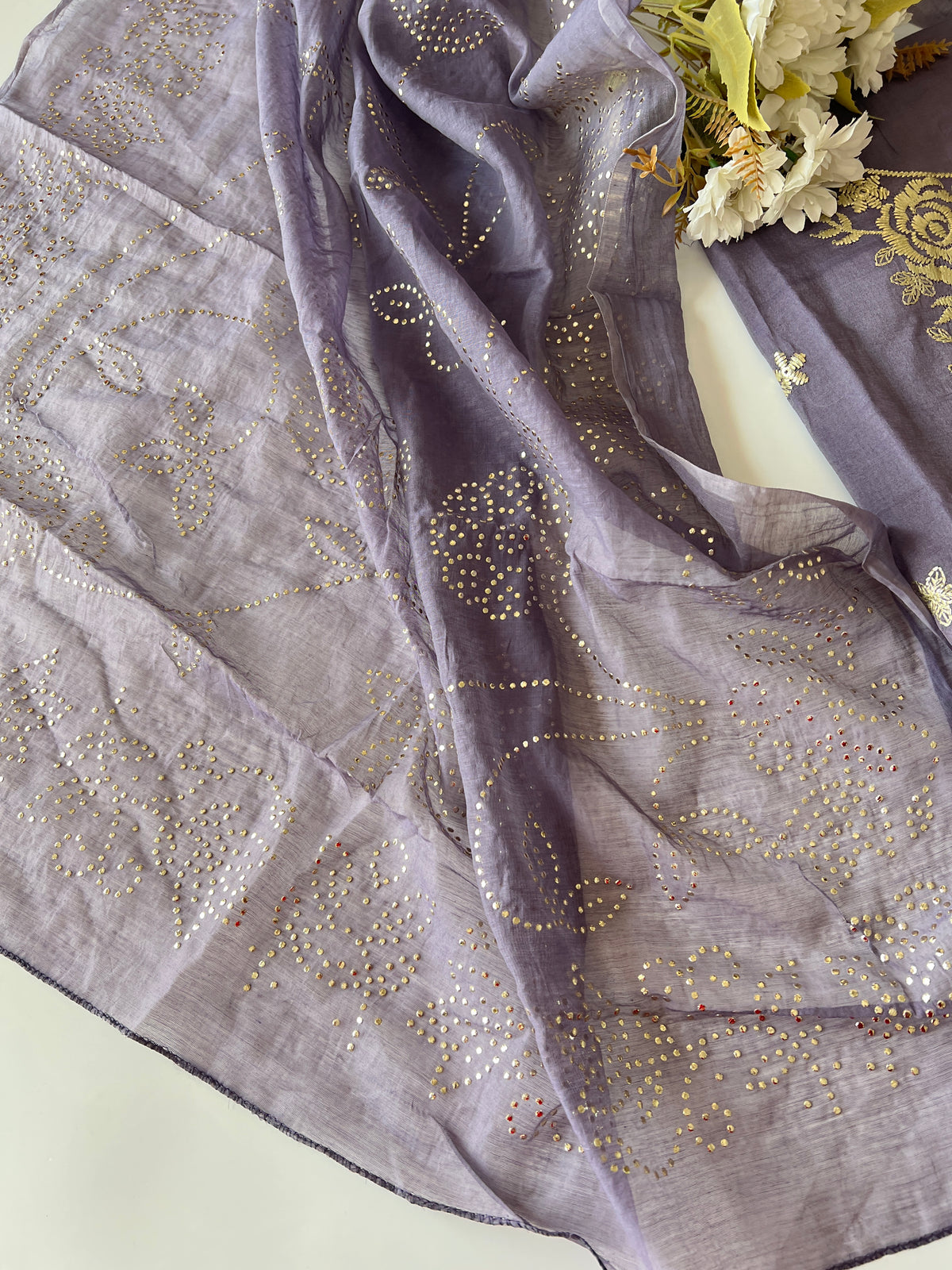 Mul Chanderi dress material with pitta and mukaish work dupatta