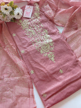 Pastel Pink Mul Chanderi dress material with pitta and mukaish work dupatta