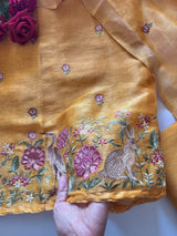 Yellow Pure Silk Linen embroidered premium unstitched dress material