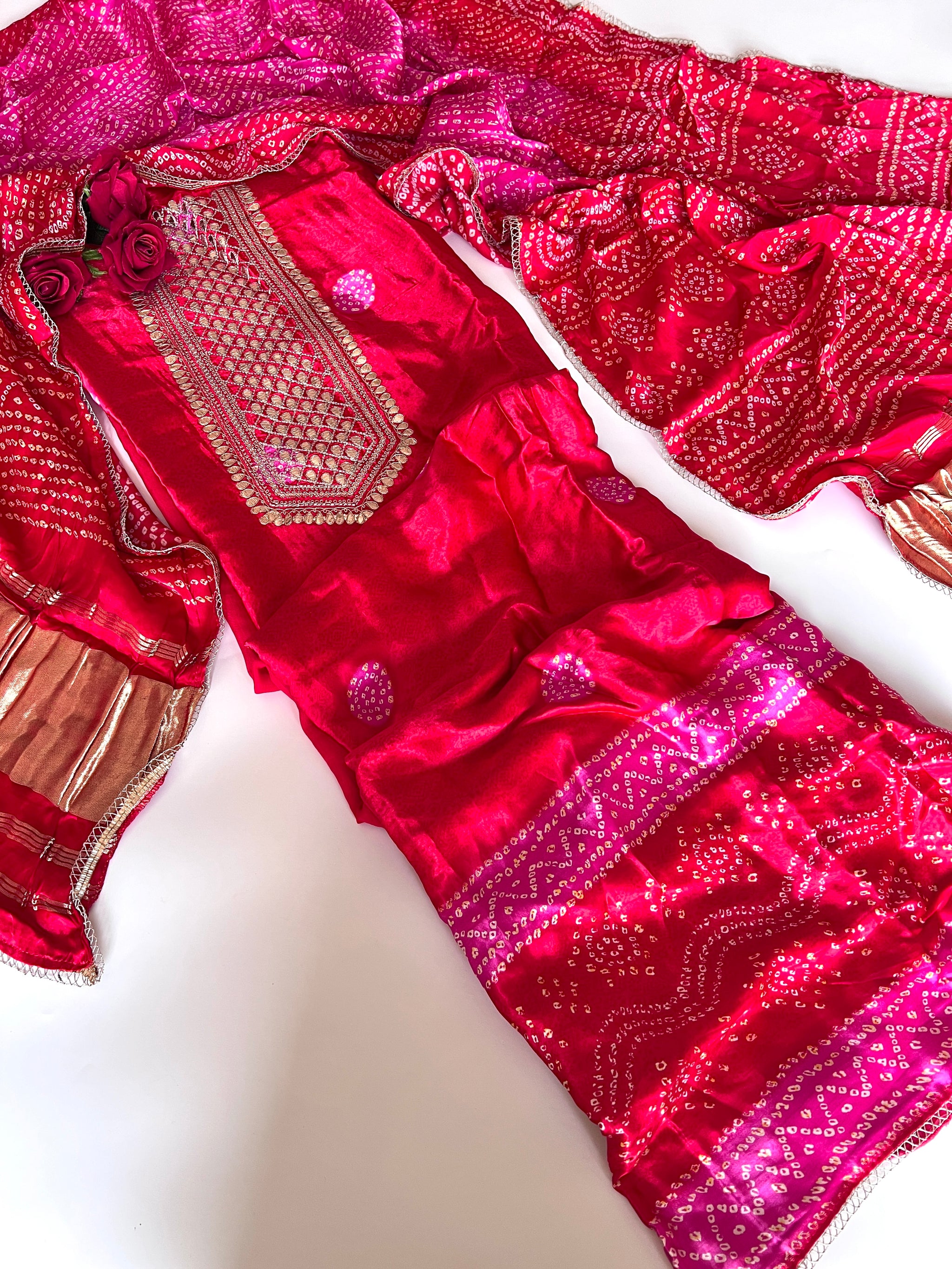 Red Gajji Silk With gotta work neck Unstitched suit