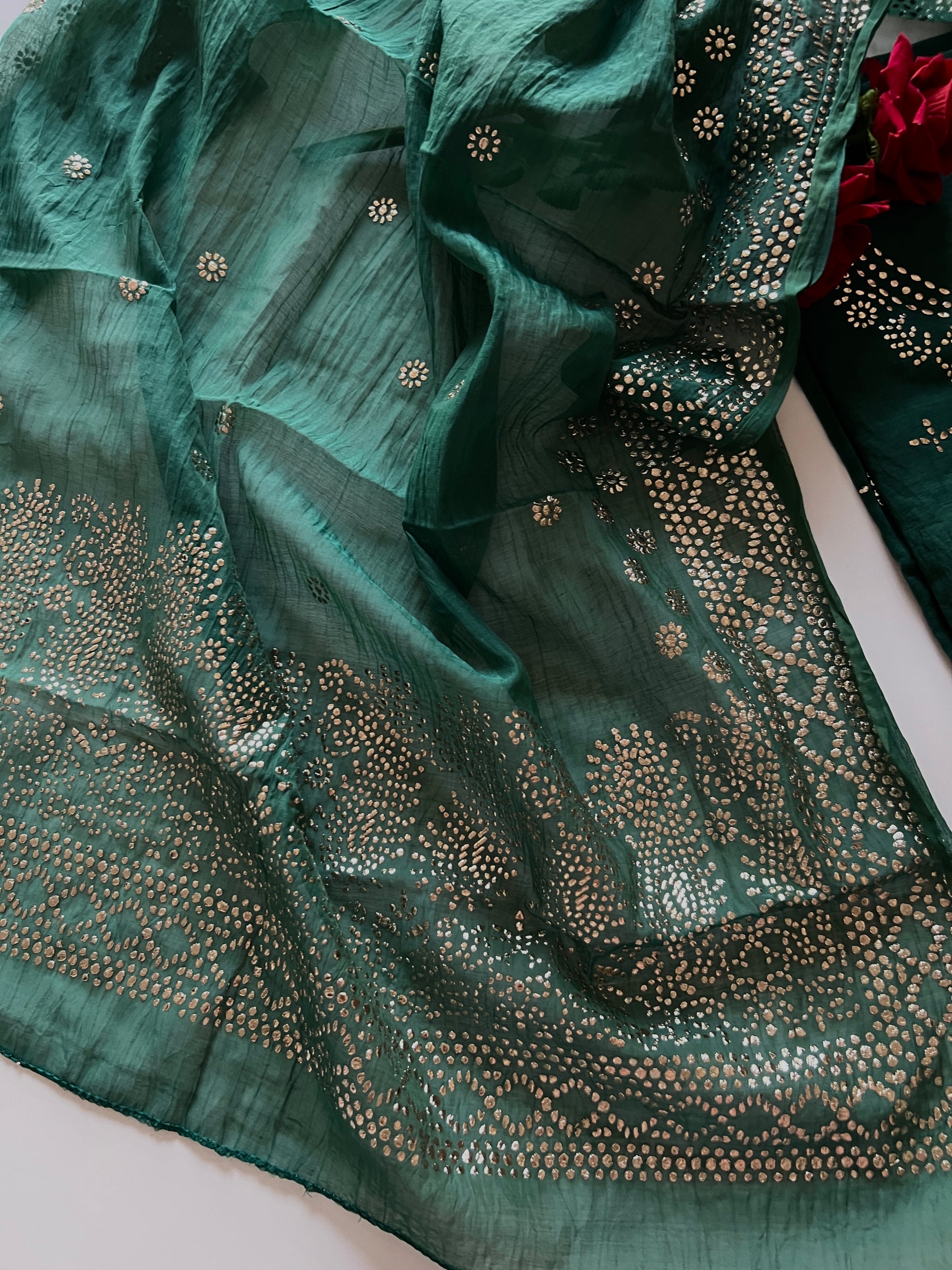 Green Mul Chanderi dress material with mukaish