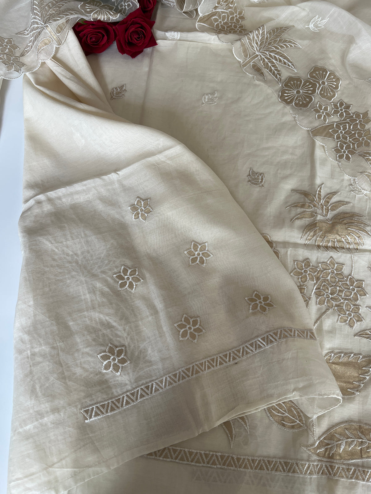 Pure Banarasi Mul Satin Kurta dupatta set with Tissue cutwork embroidery