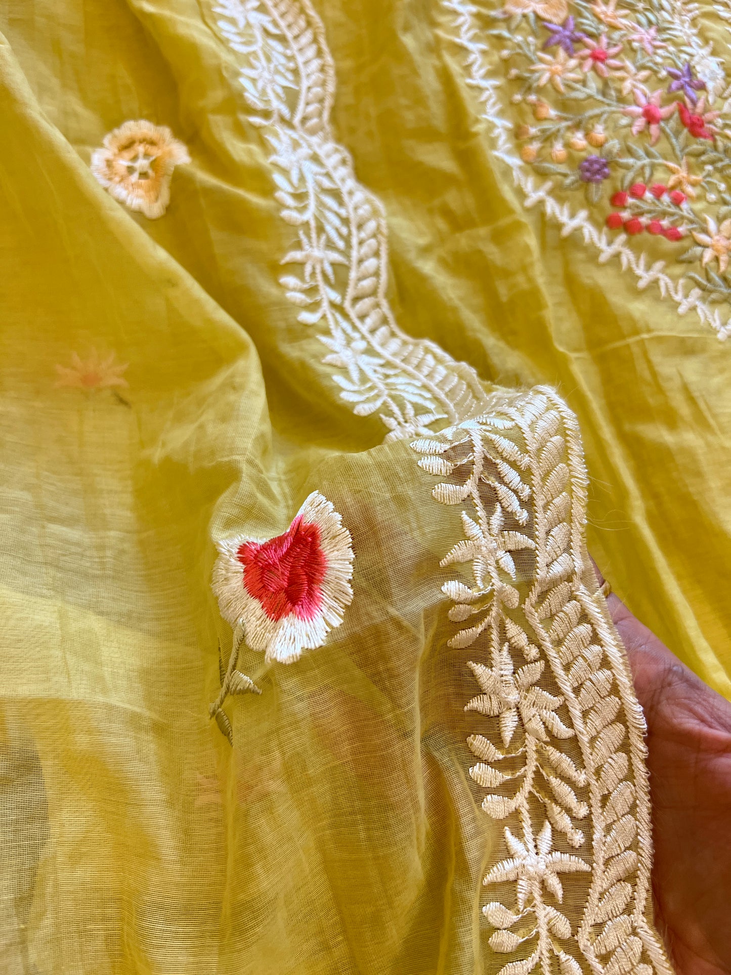 Yellow Mul Chanderi Thread embroidered Unstitched Suit
