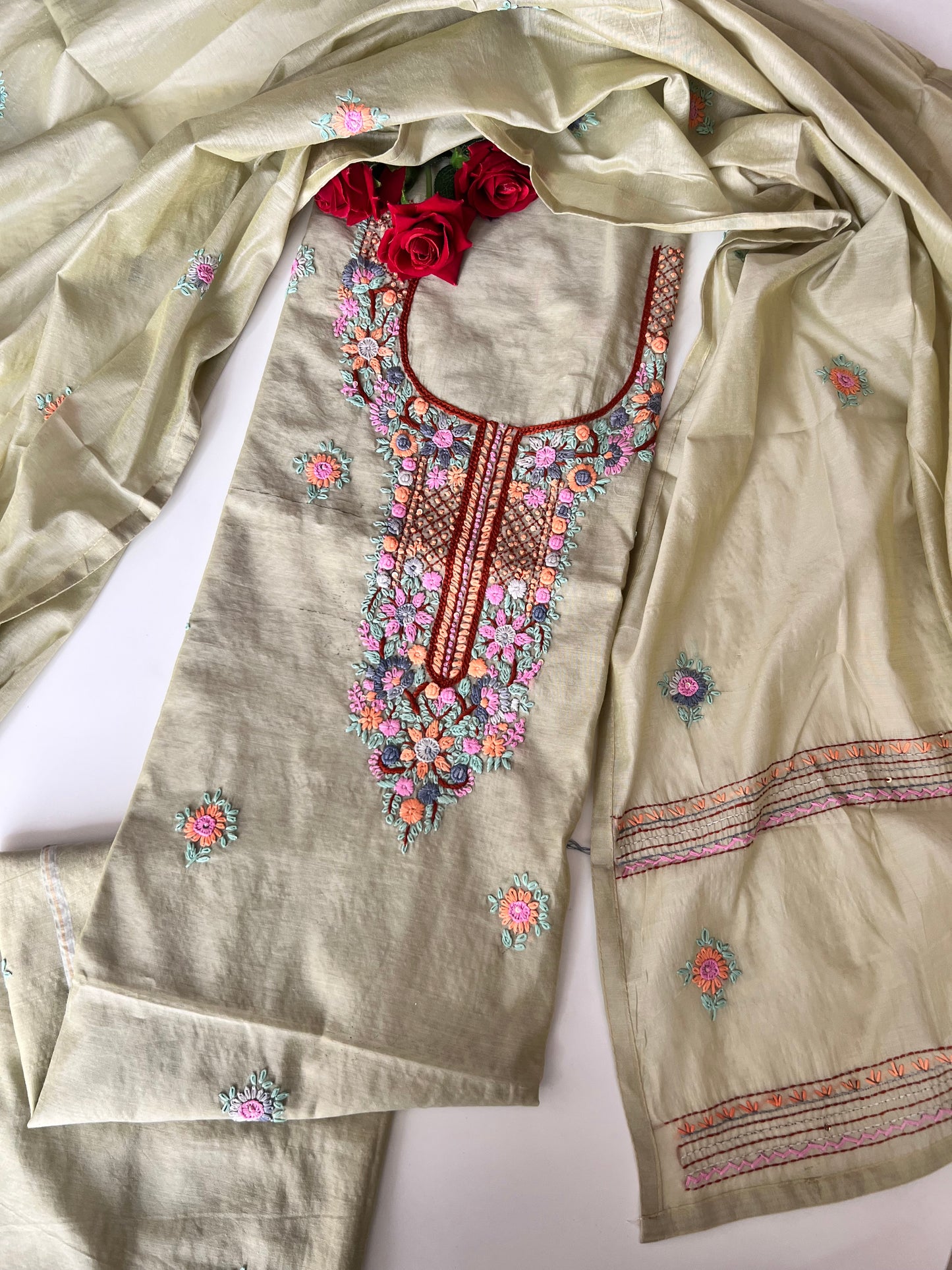 Pista Green Chanderi embroidered kurta dupatta set