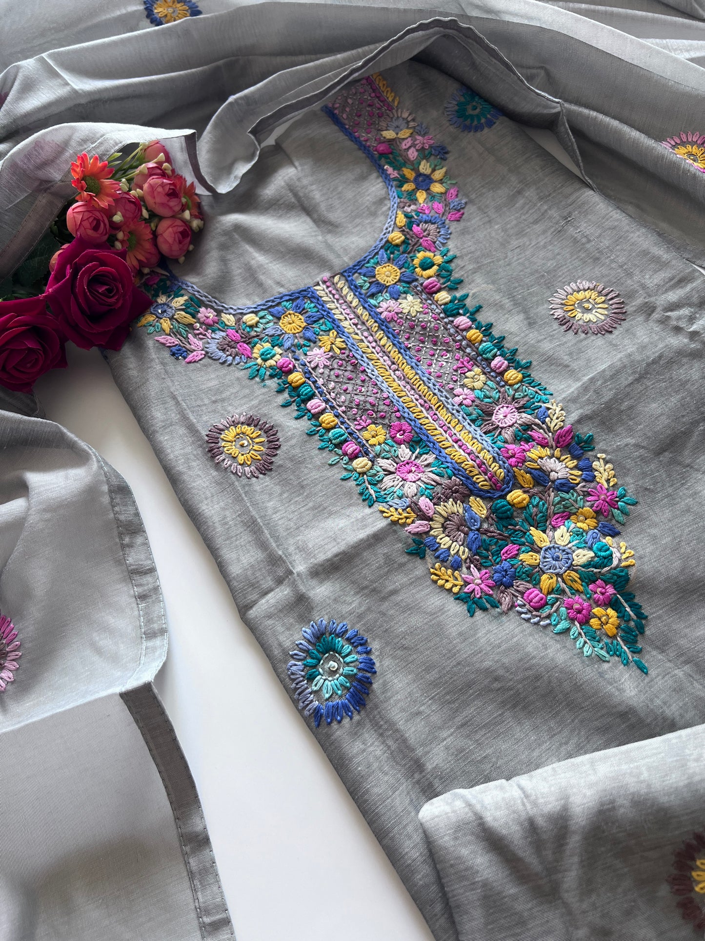 Grey Knot embroidery Unstitched suit material 2 pc