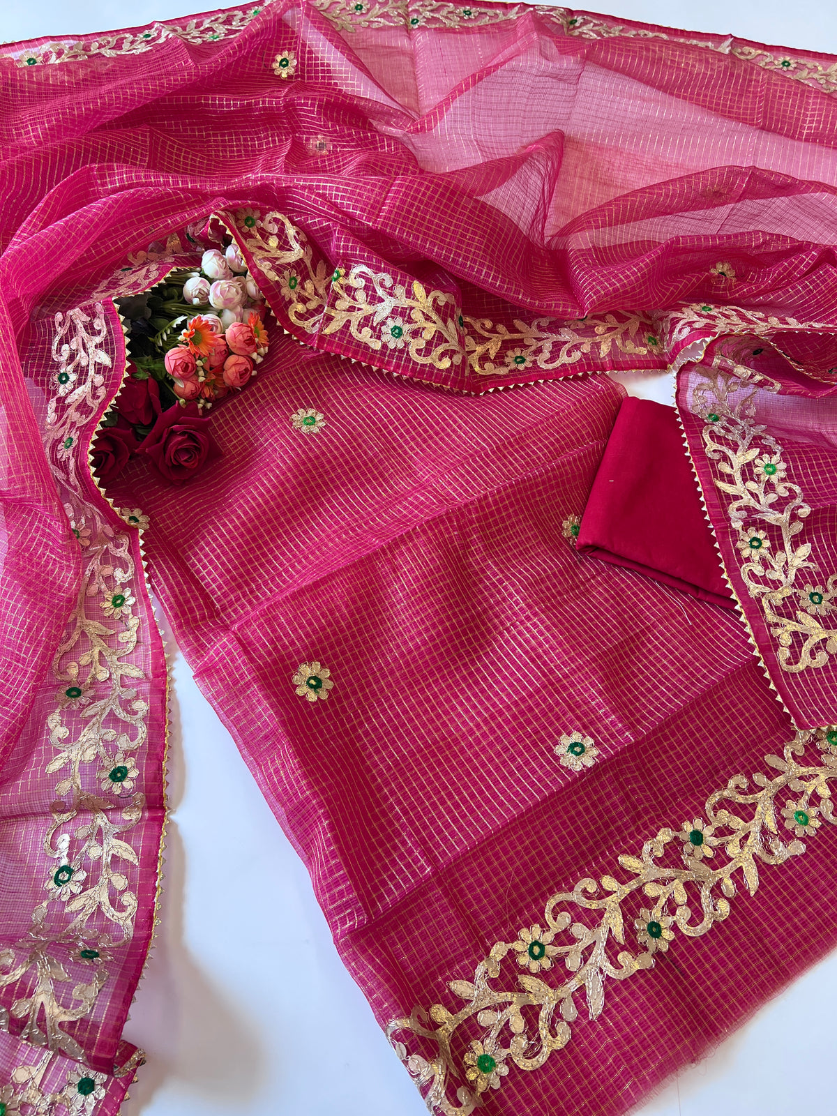 Red Kotta with kotta embroidered kurta dupatta set Unstitched