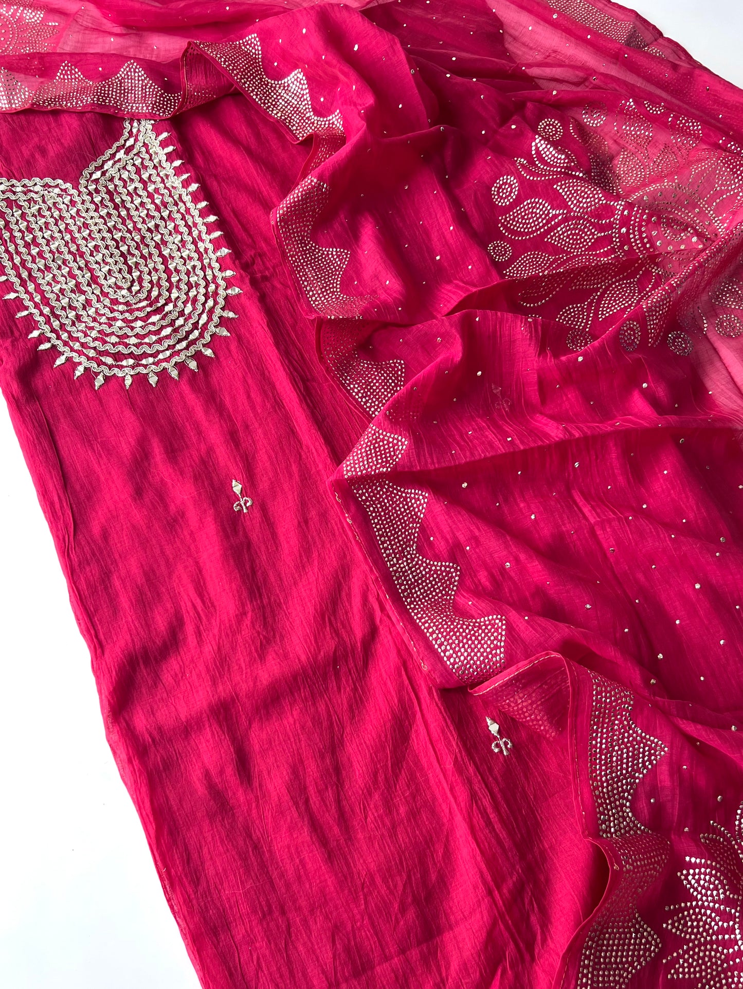 Hot pink Mirror work on Mul Chanderi dress material with mukaish work dupatta