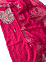 Hot pink Mirror work on Mul Chanderi dress material with mukaish work dupatta