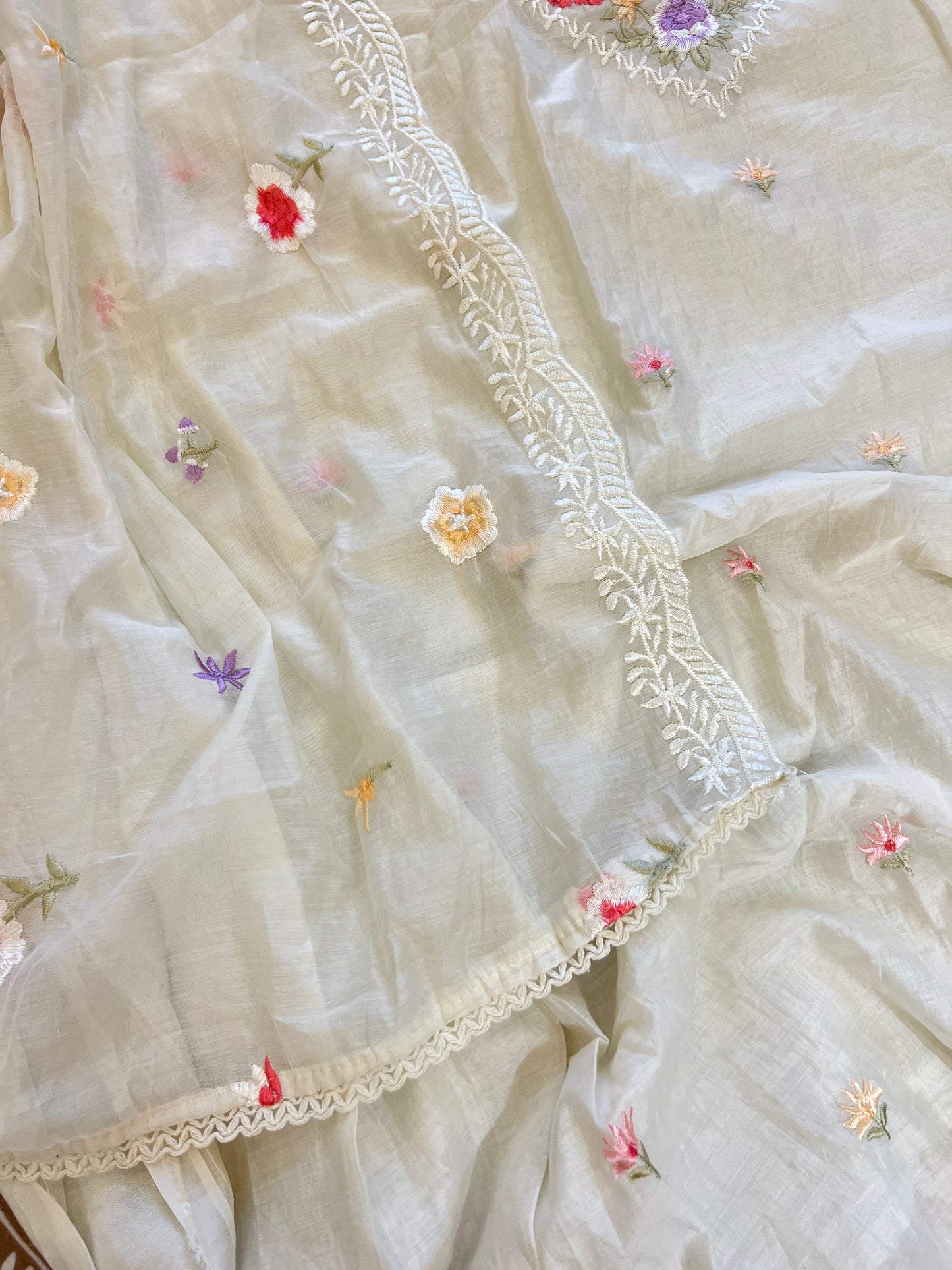 Mul Chanderi Thread embroidered Unstitched Suit