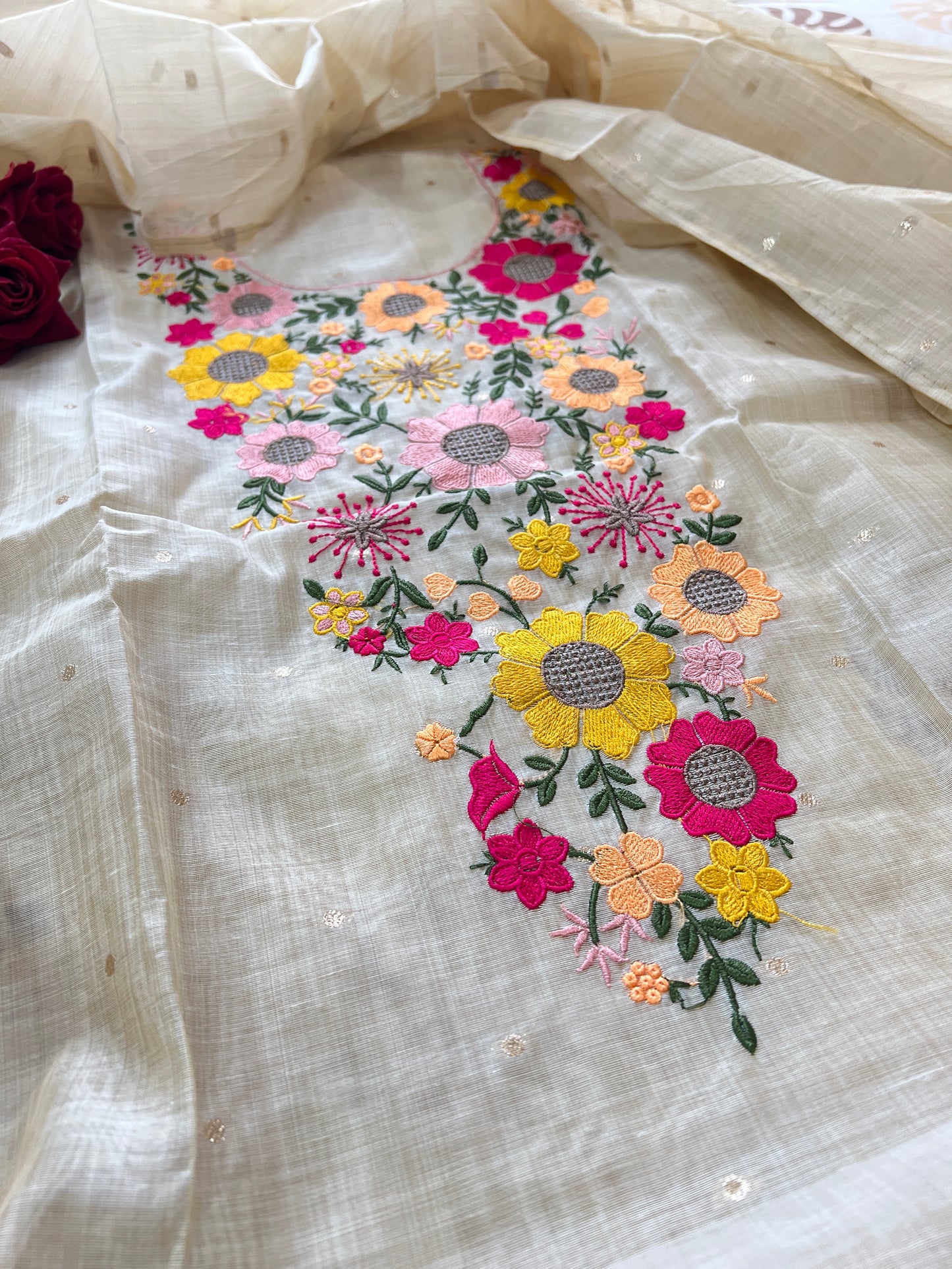 Sunflower Embroidery tissue Jamdani Dress material