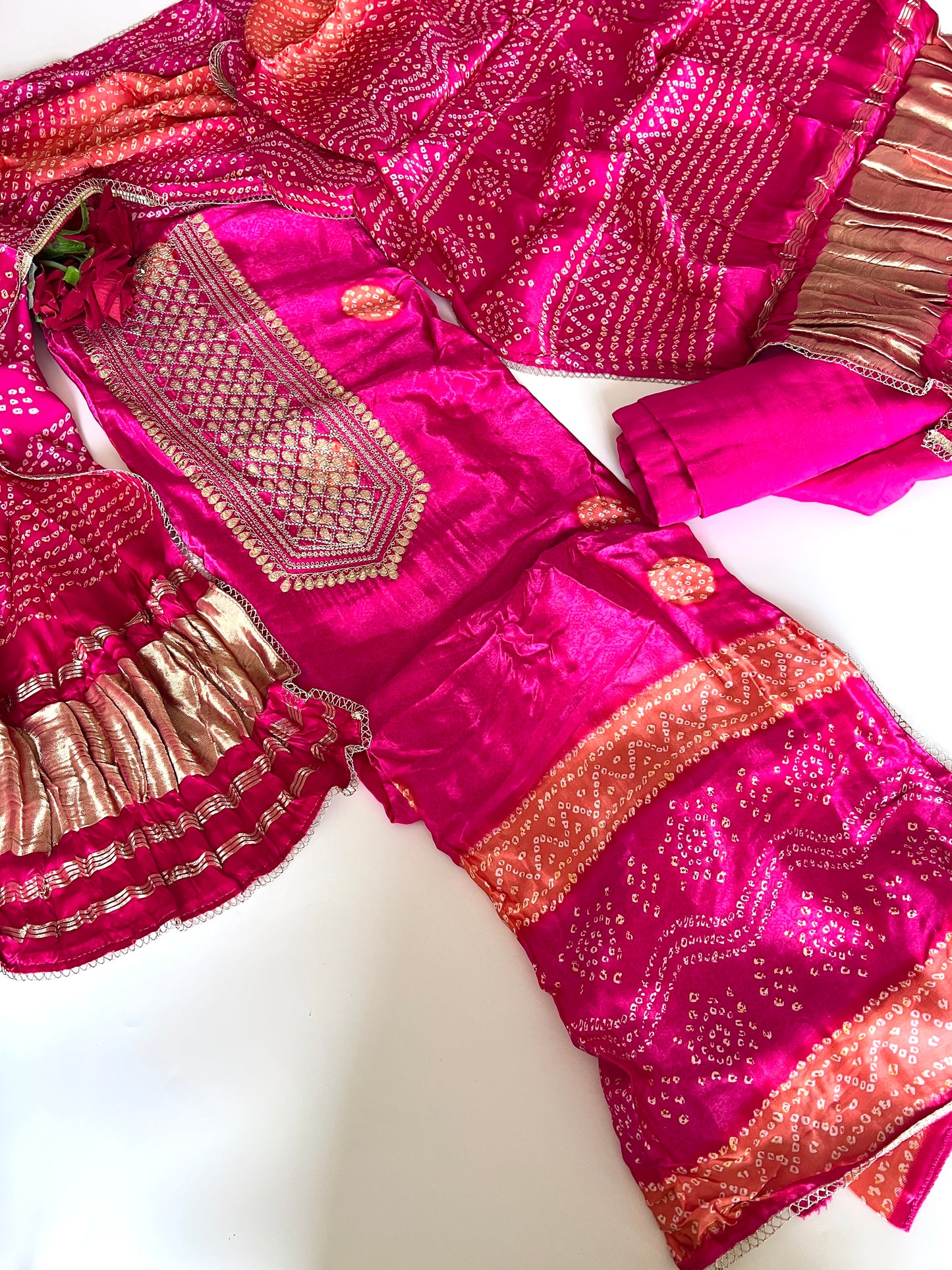 Pink Gajji Silk With gotta work neck Unstitched suit
