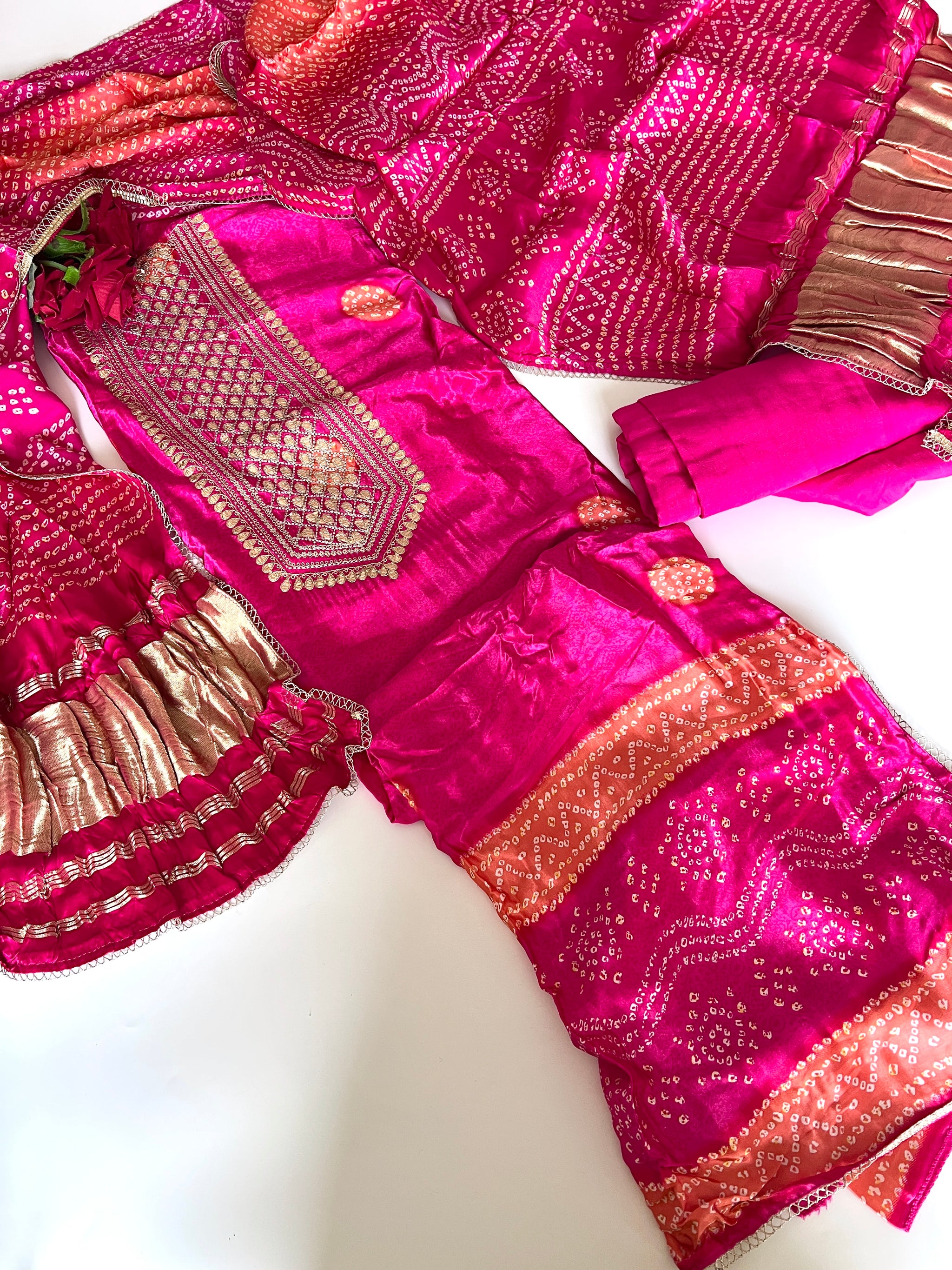 Pink Gajji Silk With gotta work neck Unstitched suit