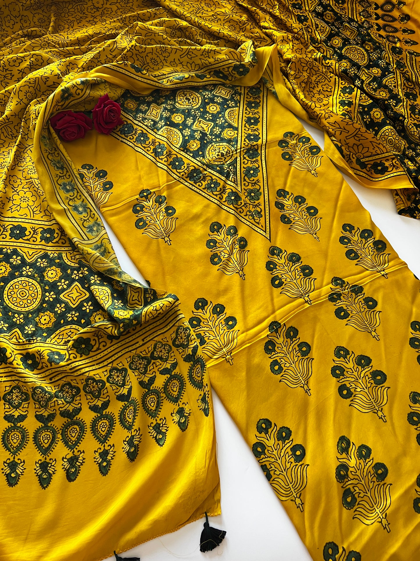 Yellow Original Handblock Ajrakh print on Modal fabric Unstitched suit set