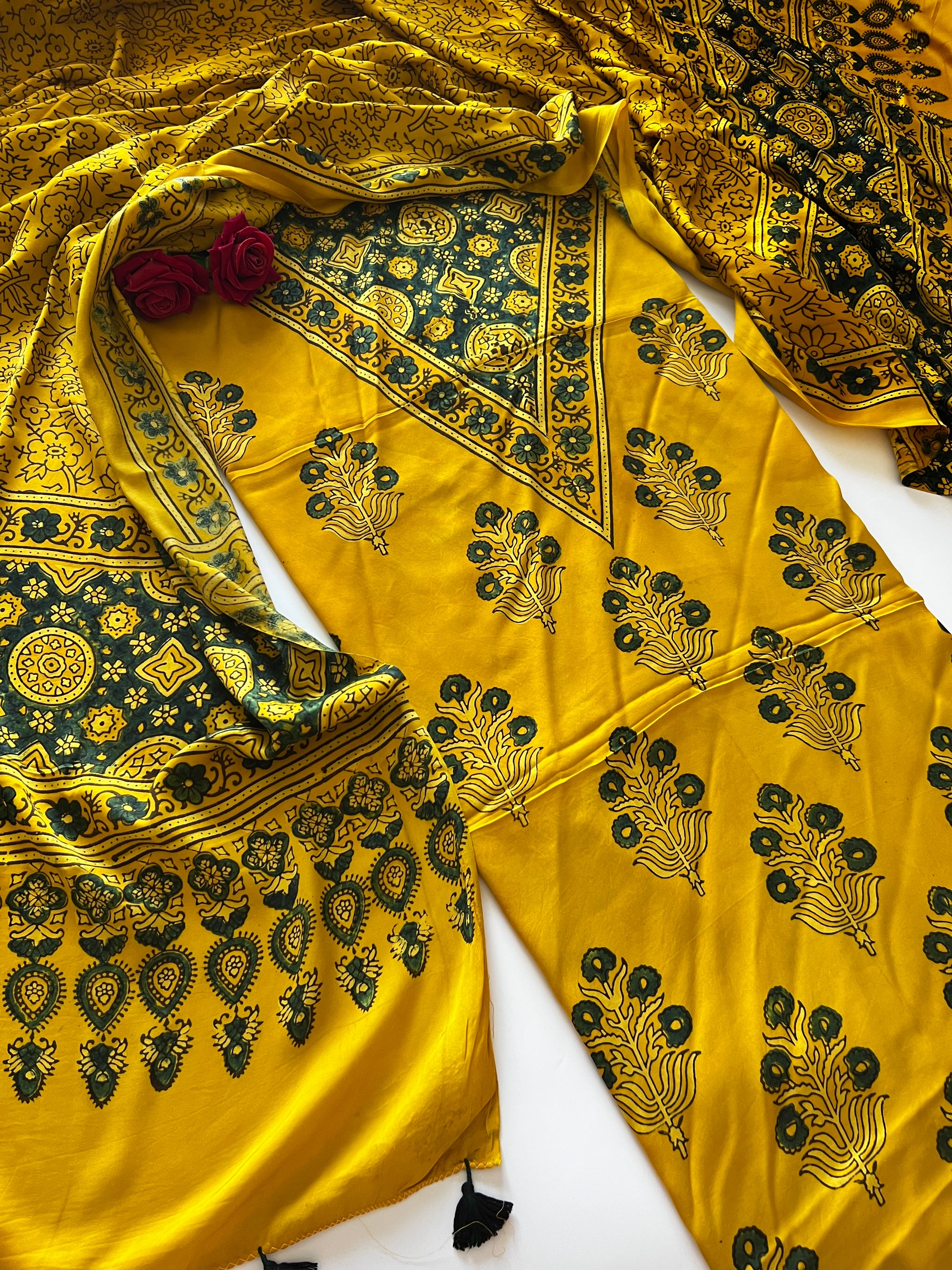 Yellow Original Handblock Ajrakh print on Modal fabric Unstitched suit set