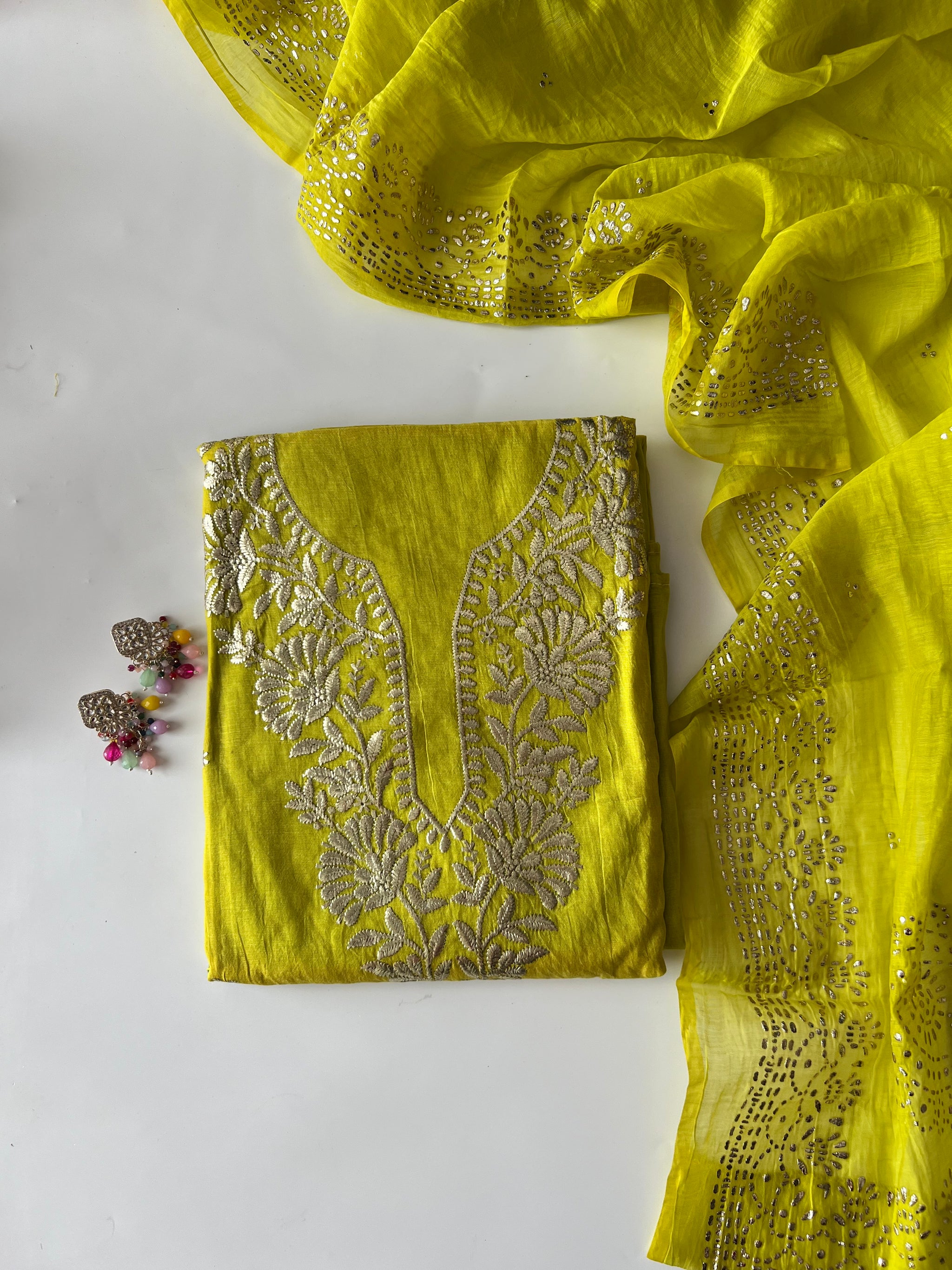 Green Mul Chanderi dress material with pitta and mukaish work